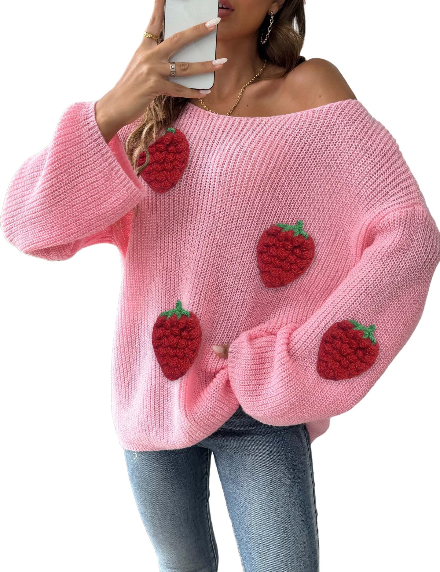 Kinghua Strawberry Sweater Women Fall Winter Casual Loose One Shoulder Knit Sweaters Cute Tops
