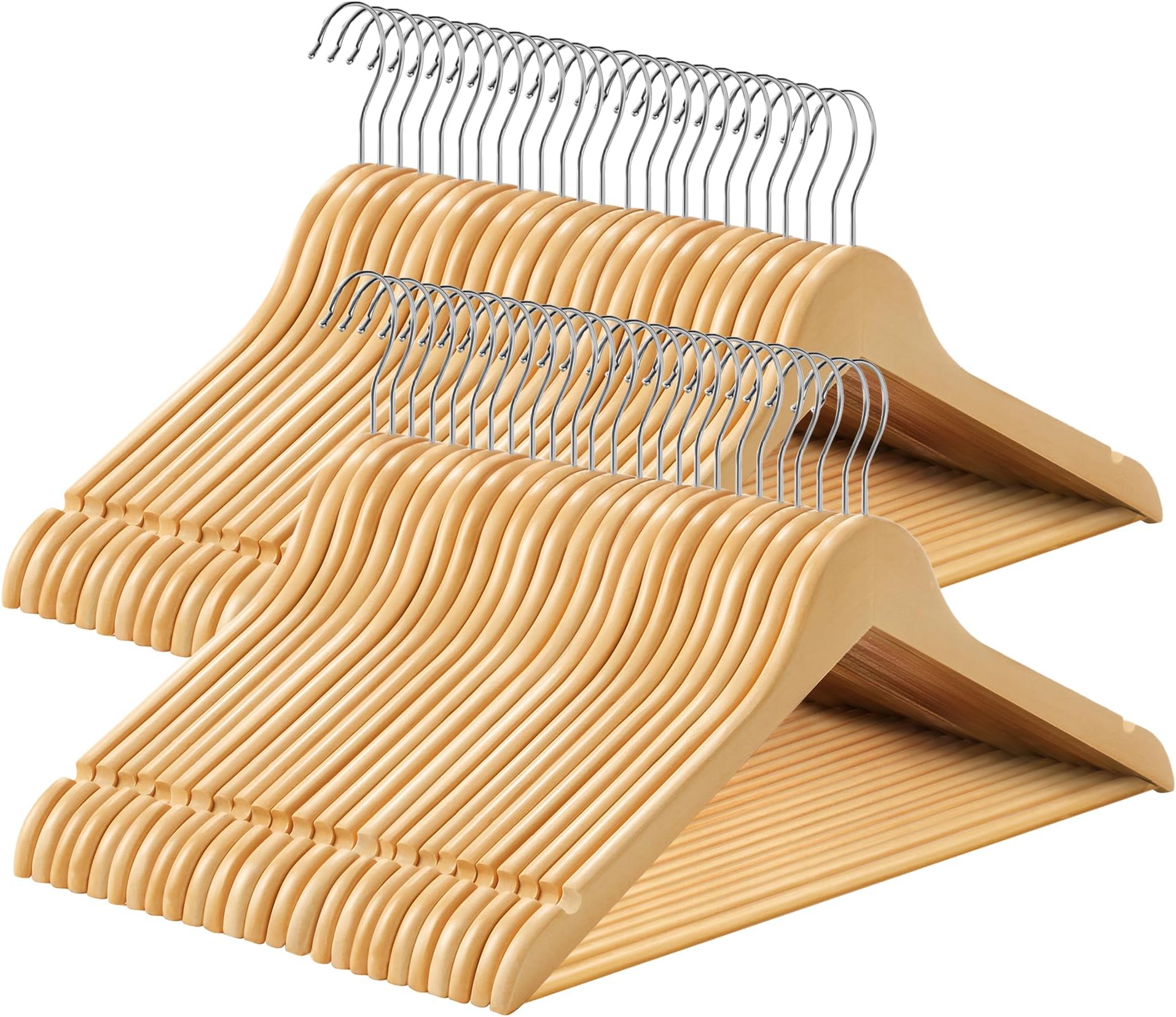 SONGMICS Wooden Hangers, Set of 50, Coat Hangers, Clothes Hangers, with Shoulder Notches, Anti-Slip Trousers Bar, 360° Swivel Hook, for Suits, Shirts, Coats, Natural and Silver CRW001-50