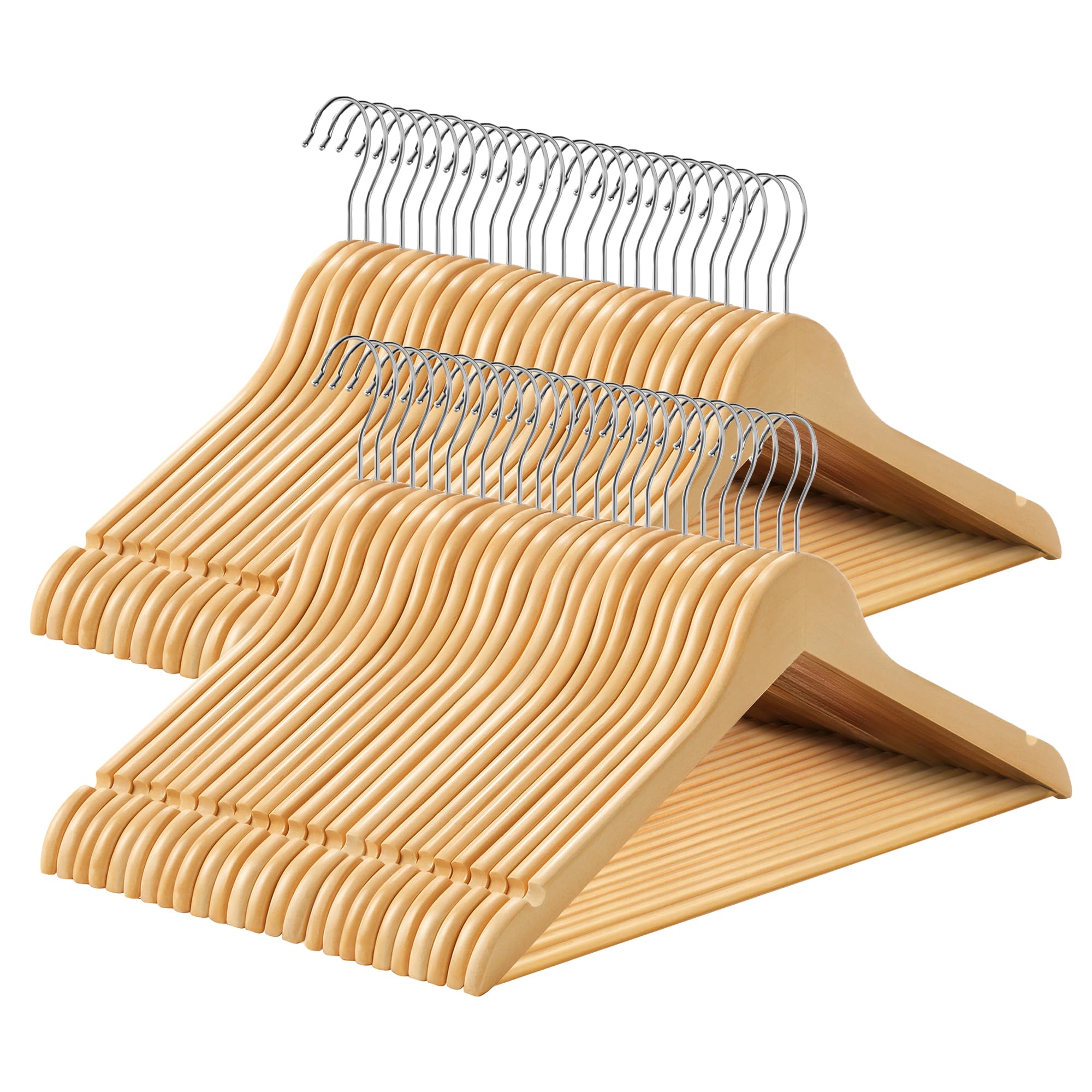 SONGMICS Wooden Hangers, Set of 50, Coat Hangers, Clothes Hangers, with Shoulder Notches, Anti-Slip Trousers Bar, 360° Swivel Hook, for Suits, Shirts, Coats, Natural and Silver CRW001-50 — image 1