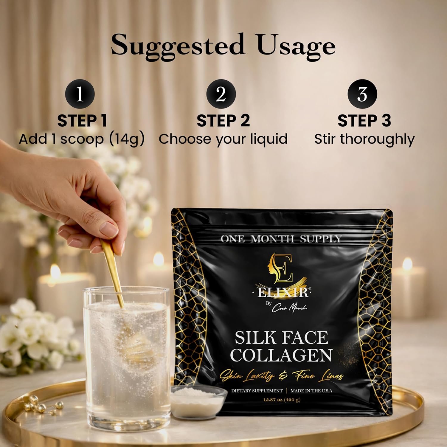 Elixir by Cocó March Silk Face Collagen Bundle for Fine Line Reduction, Luxurious Illumination, & Silky Radiance for Skin, Hair, Nails, and Joints