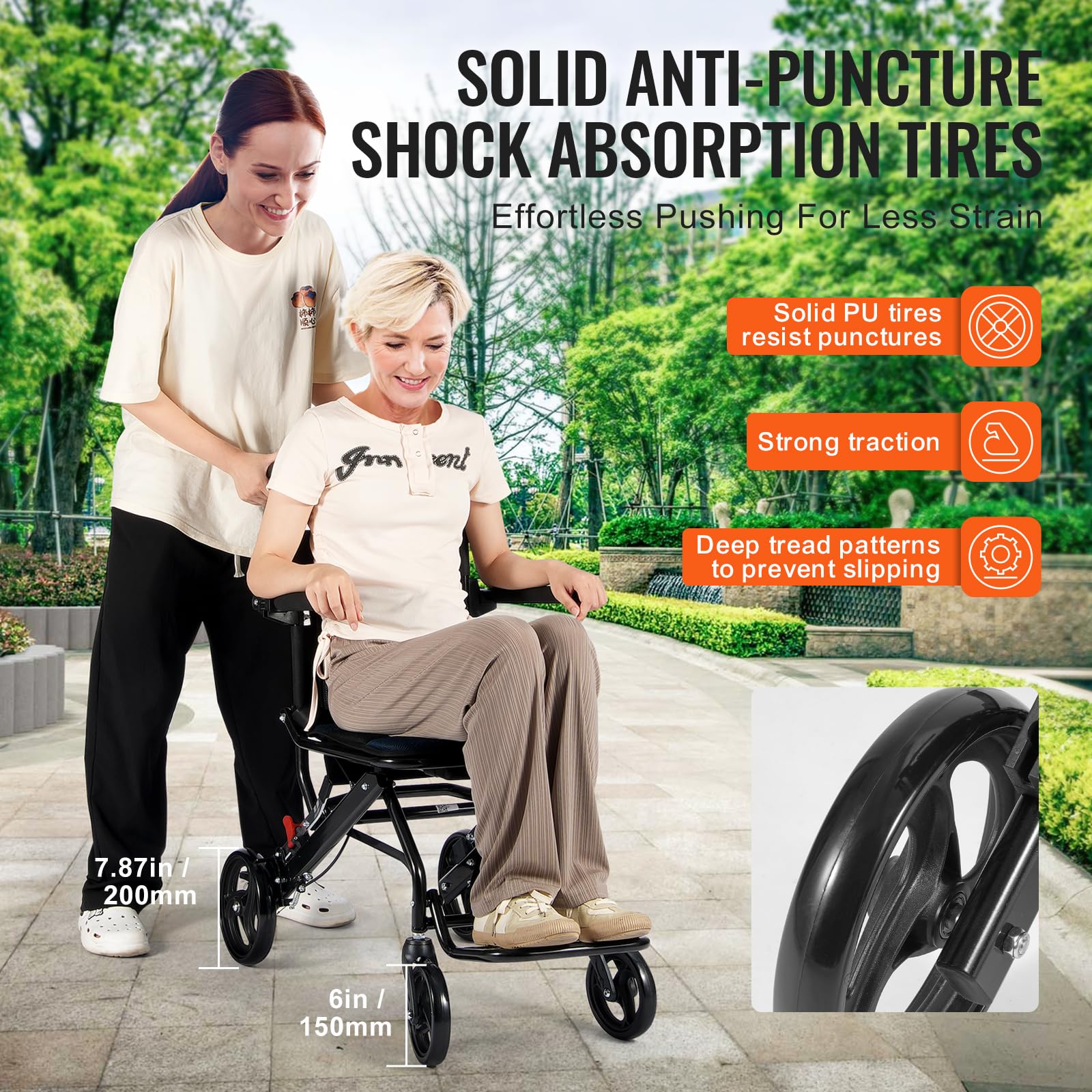 VEVOR Silla de Ruedas plegable de Transporte Ultraligera de Aleación de Aluminio para Adultos, con Brazos Abatibles hasta el Largo del Escritorio, Freno Autoblocante, 875 x 480 x 892 mm, Negro + Azul