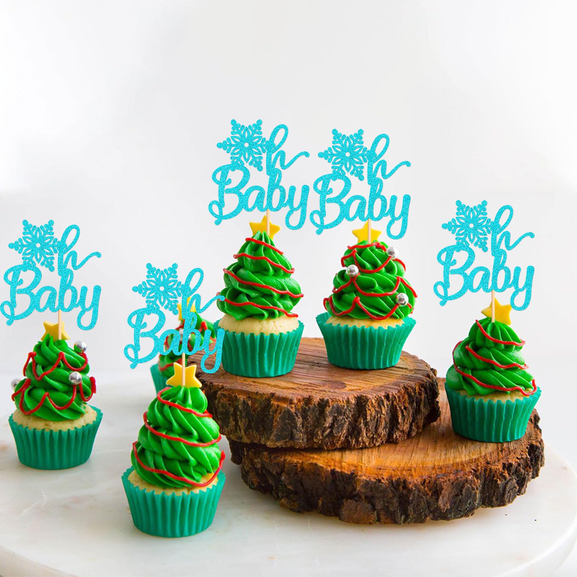 Cyodoos 24 PCS Snowflake Oh Baby Cupcake Toppers - Blue Flash Winter Frozen Oh Baby Cupcake Winter Onederland Boys Birthday Party Decoration