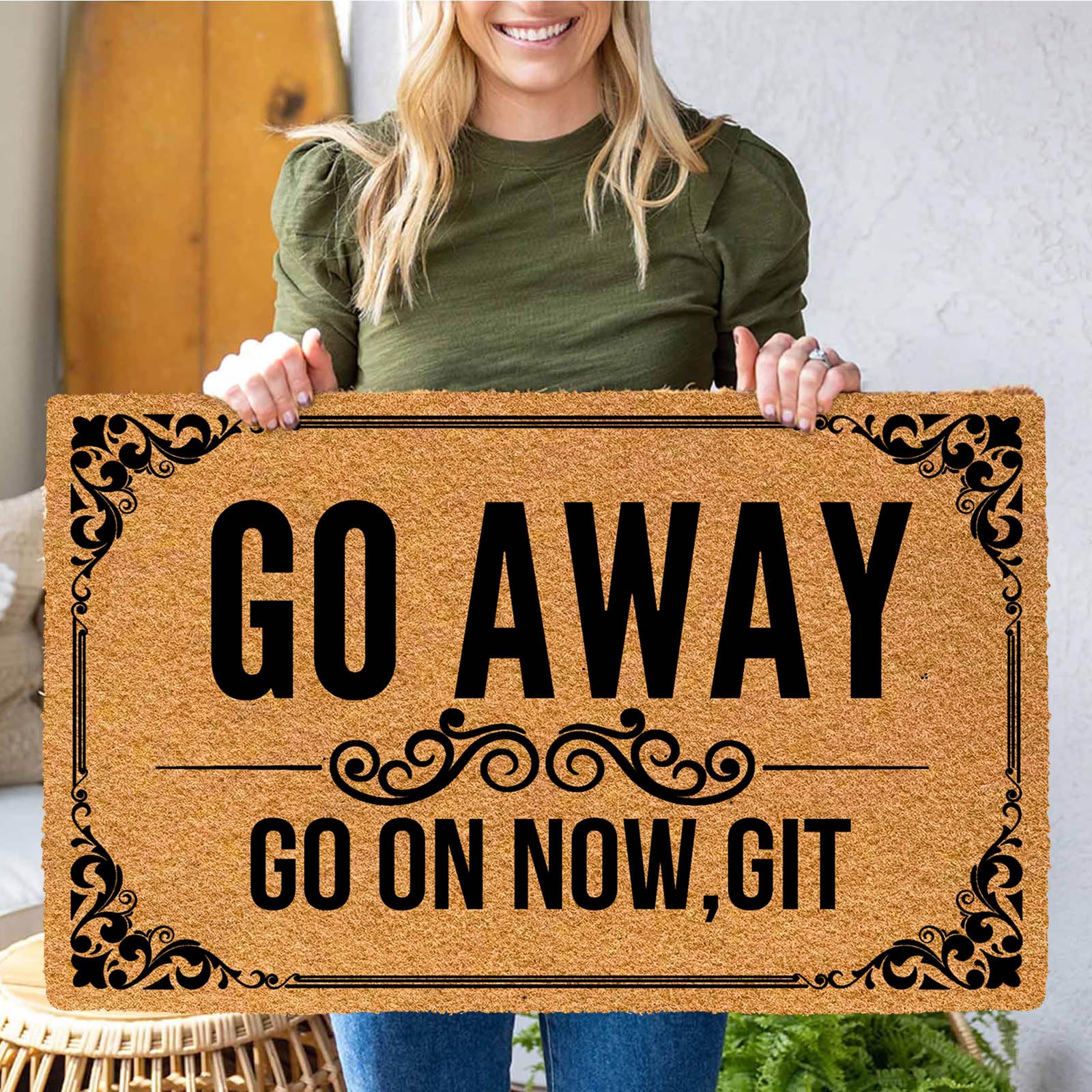 Go Away Go on Now Git Grand paillasson amusant pour entrée extérieure, intérieur et extérieur, lavable, mignon tapis de bienvenue pour entrée avec envers en caoutchouc 76,2 x 45,7 cm