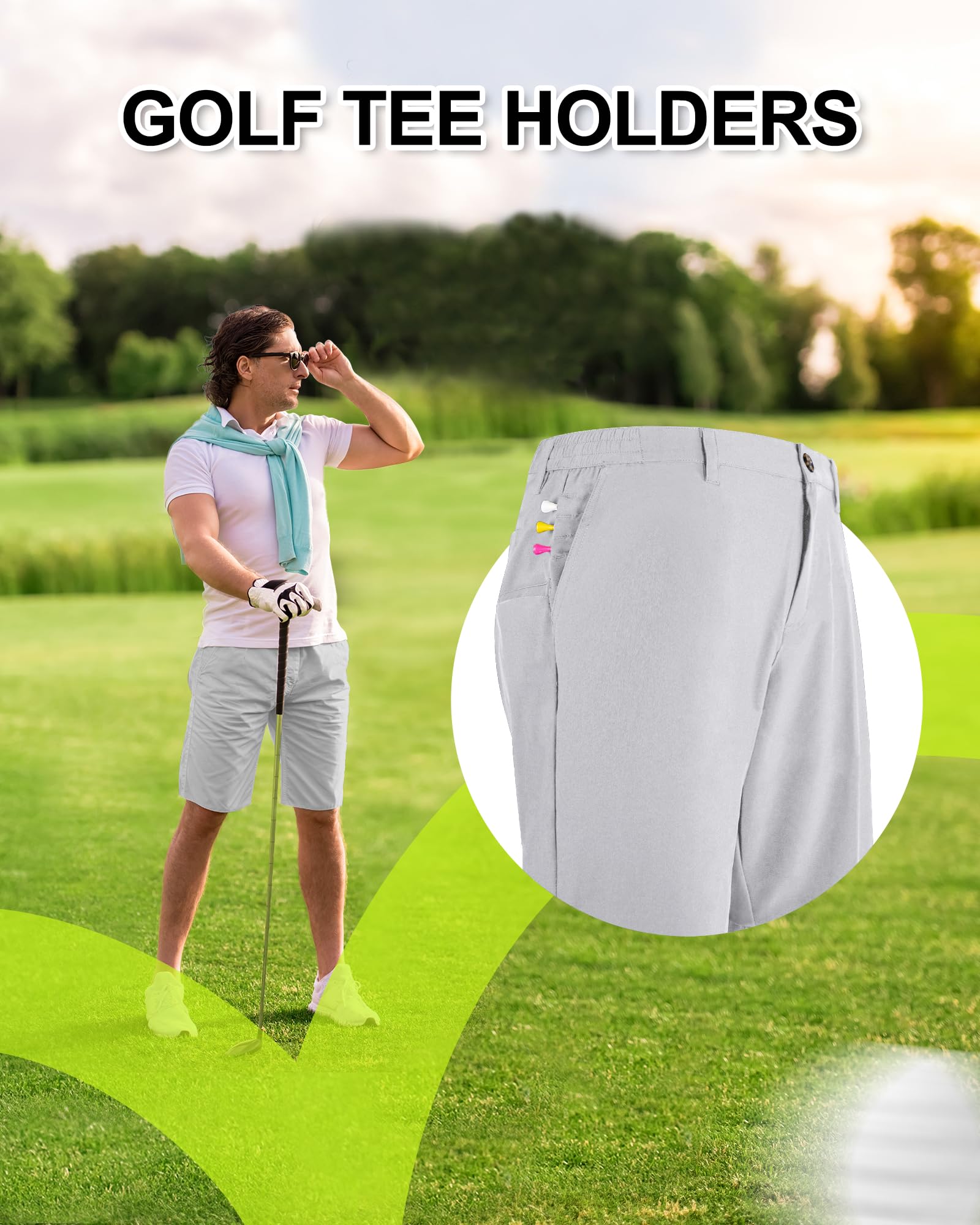 Outdoor Ventures Pantaloncini da golf da uomo, UPF 50+, elasticizzati, leggeri, ad asciugatura rapida, da 9 pollici, con 3 supporti per tè e tasche per il golf