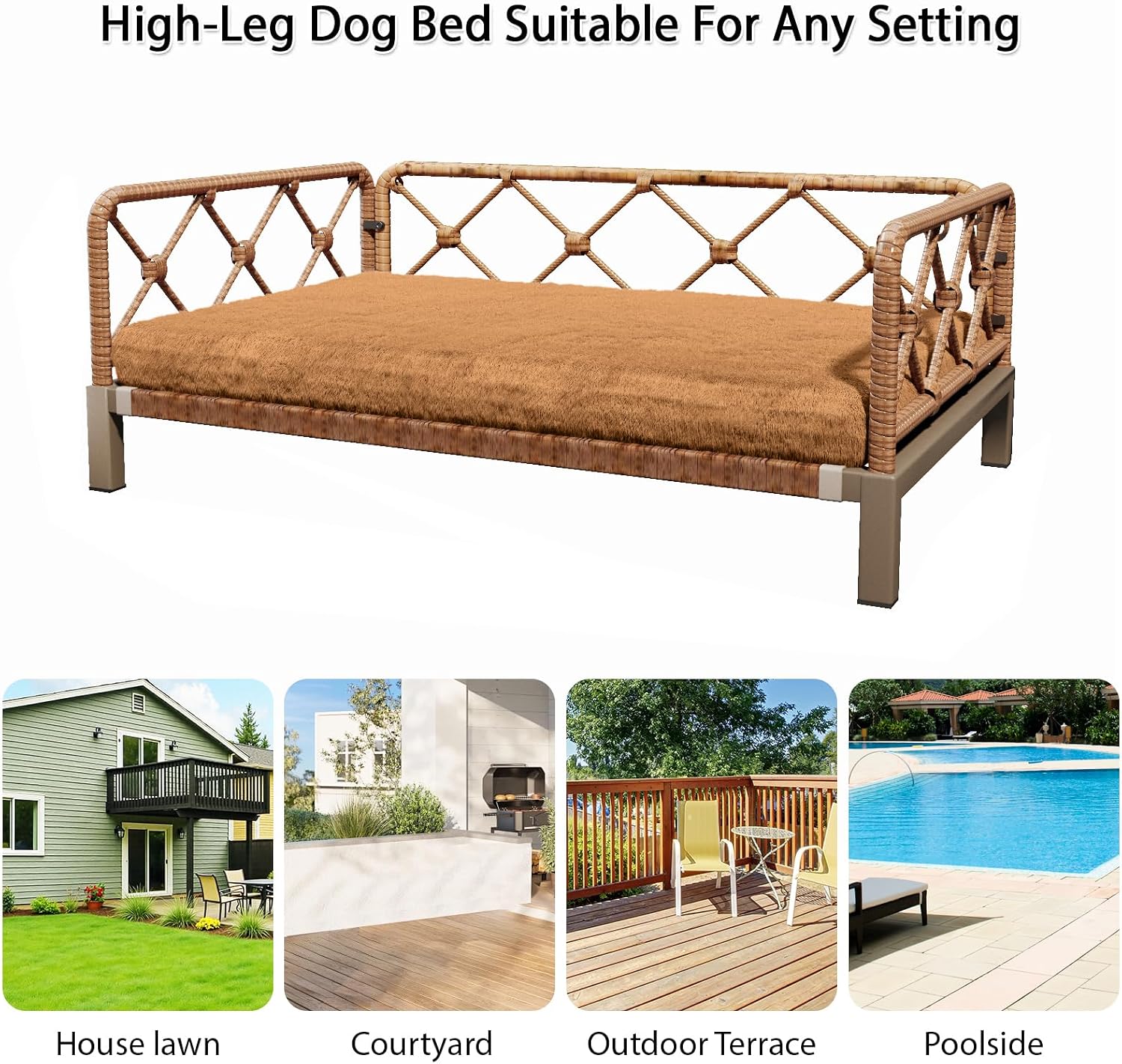 Indoor & Outdoor Large Dog Bed, Elevated All-Weather Wicker Pet Sofa with Washable Waterproof Cushion, Durable Rattan Dog Couch for Medium to Large Dogs, Brown