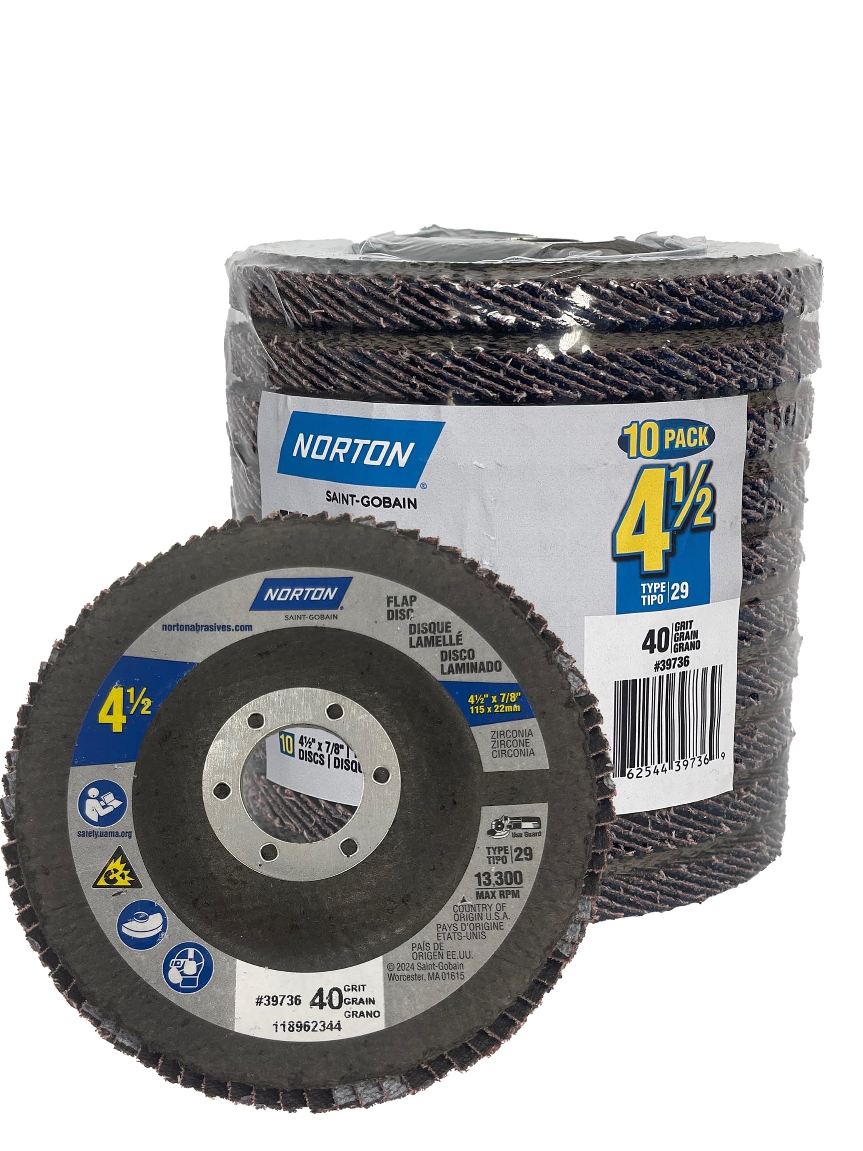 Norton 4-1/2'' x 7/8'' 40 ziarnistości wysokowydajne cyrkonowe tarcze klapowe z tlenku glinu do szlifierki kątowej, cyrkonia o wysokiej gęstości, typ 29 do usuwania zapasów, gratowania, renowacji