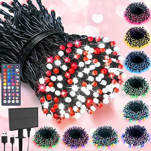 LitHome Guirnalda de 100 luces LED solares de Navidad para exteriores, 33 pies, 34 colores, luces solaresUSB, impermeables, con control remoto, 102