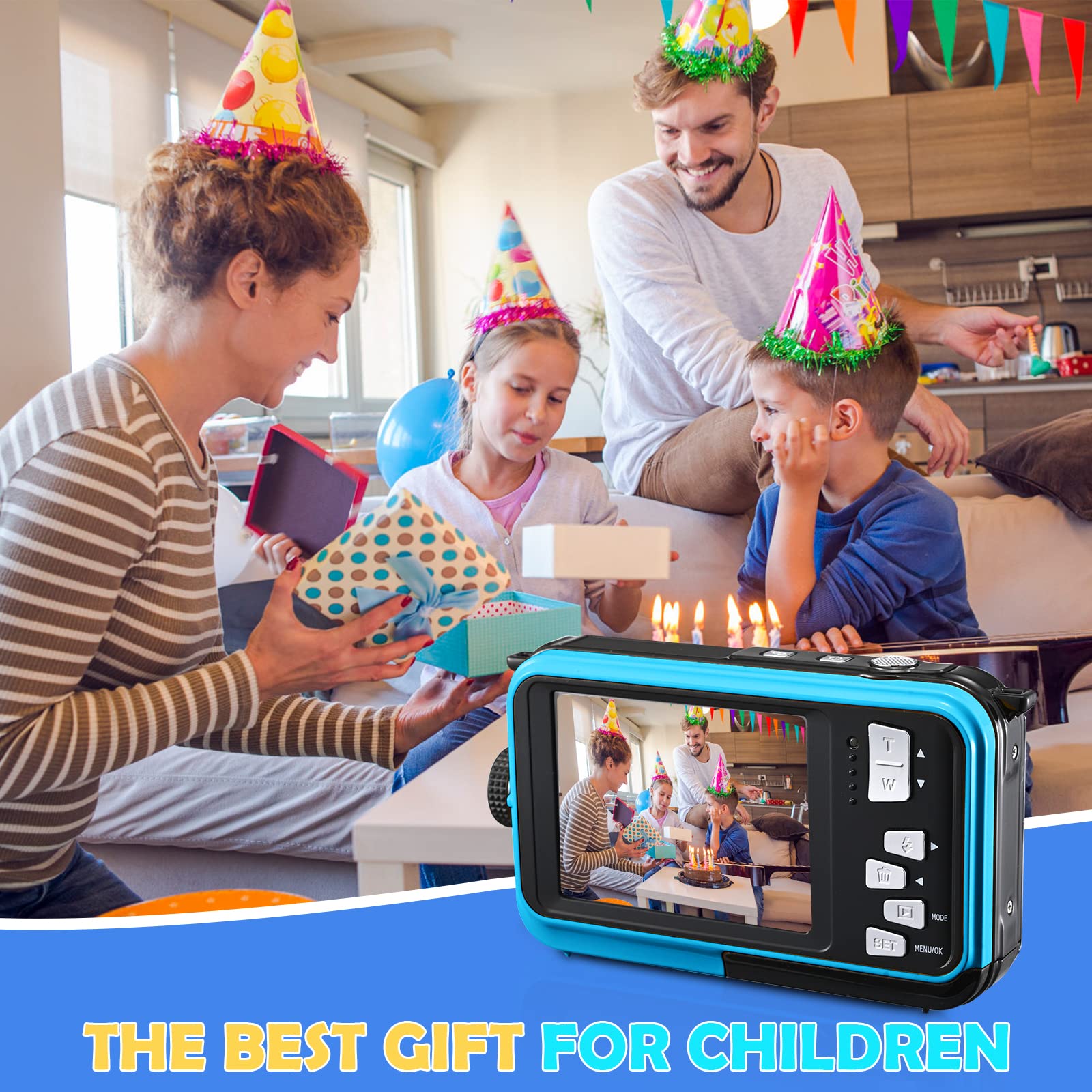 Cámara submarina, Full HD 2.7K 24MP impermeable, cámara compacta impermeable de 10 pies, zoom digital 16x, cámara digital antitemblor para niños, adolescentes, principiantes