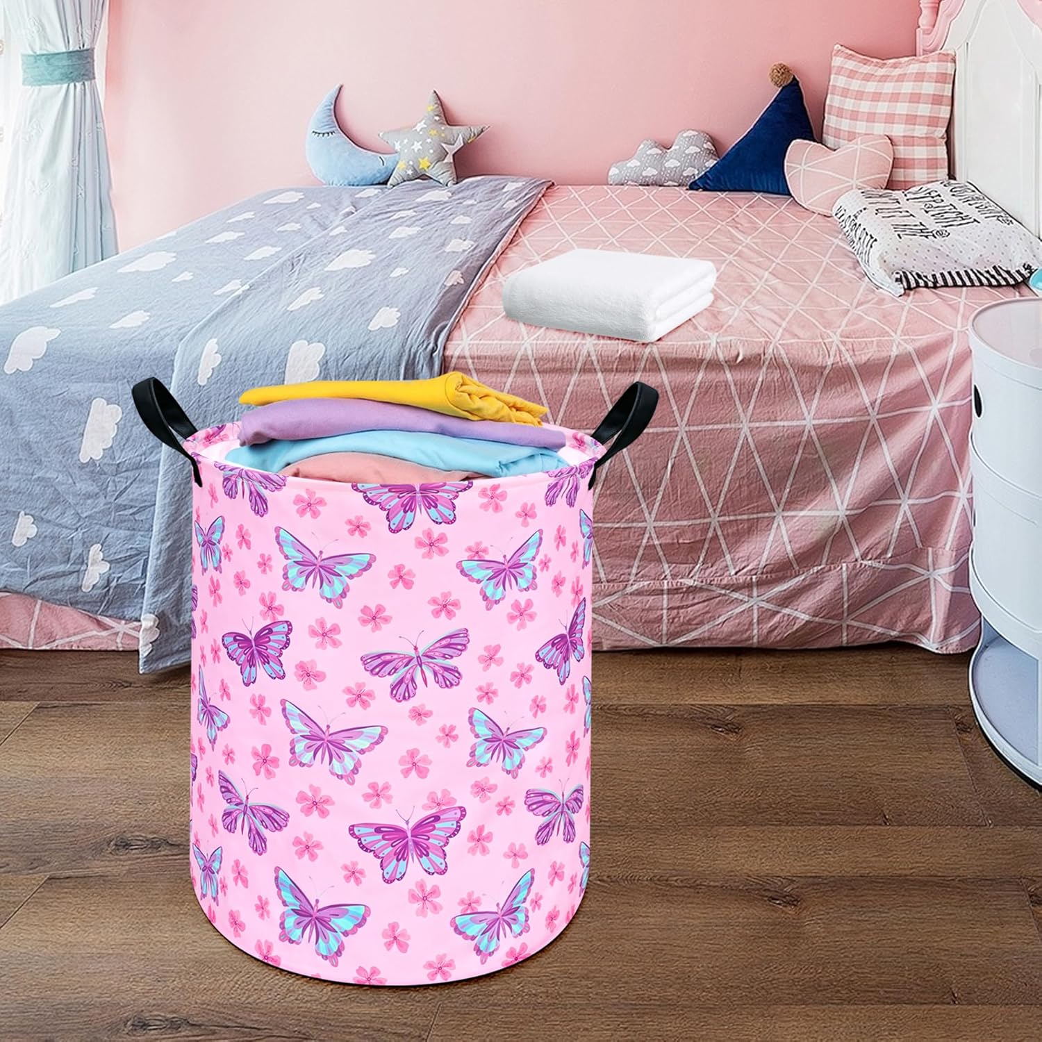 Round Butterfly Pattern Laundry Hamper Storage Basket Fabric Material Storage Hamper Organization Basket, Storage Bin, Gift Box with Handles for Room