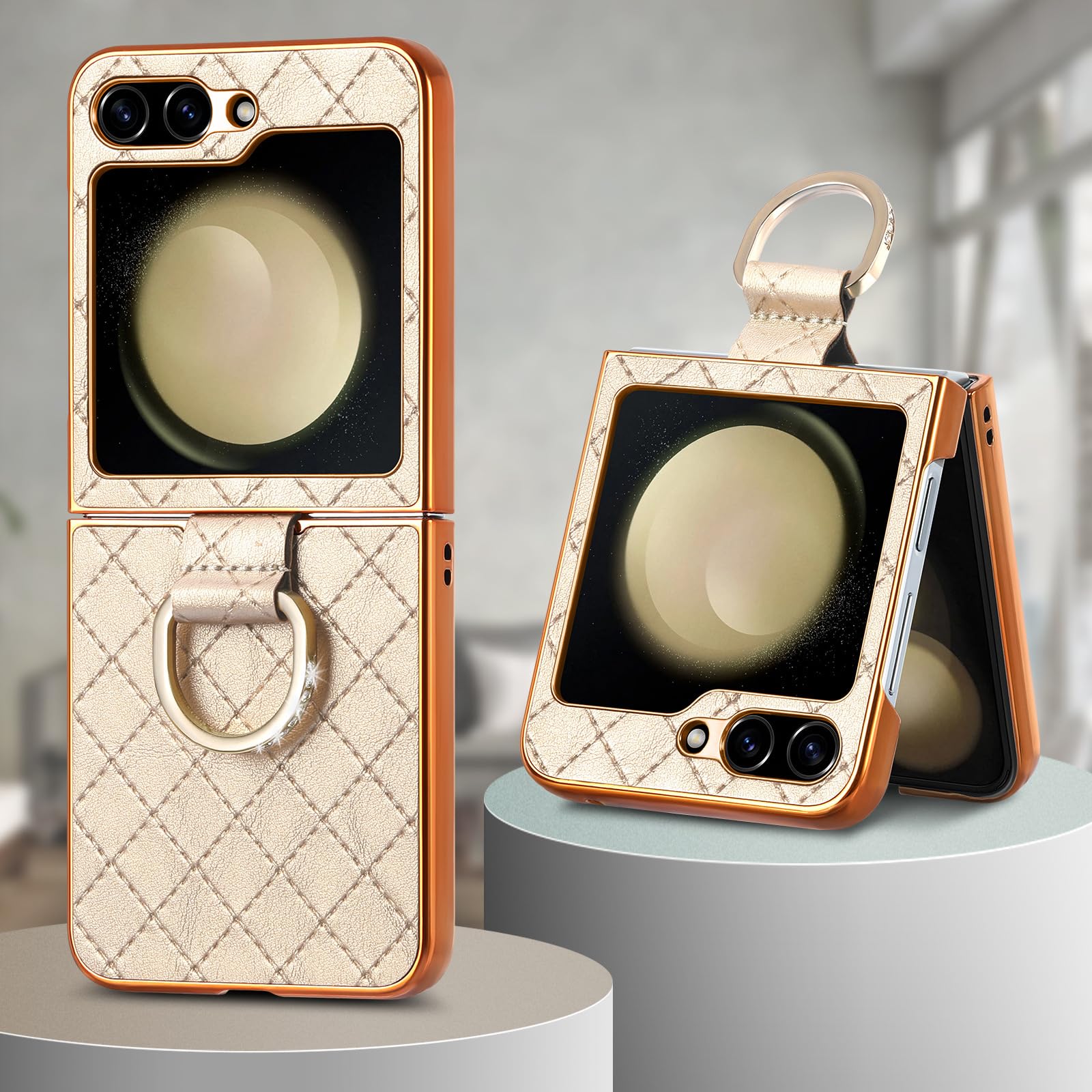 Custodia in Pelle per Samsung Galaxy Z Flip 5, Cover per Telefono elettrolitico di Lusso con Supporto per Anelli Scintillanti Guscio Sottile Protettivo Antiurto