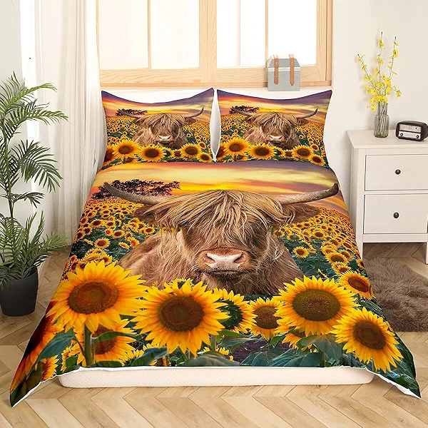 Highland Cow Bedding Set Kids Sunflower Cattle Comforter Cover for Girls Teens Farmhouse Wildlife Animal Duvet Cover Floral Western Cow Bull Decor Quilt Cover Bedroom Collection 3Pcs King Size
