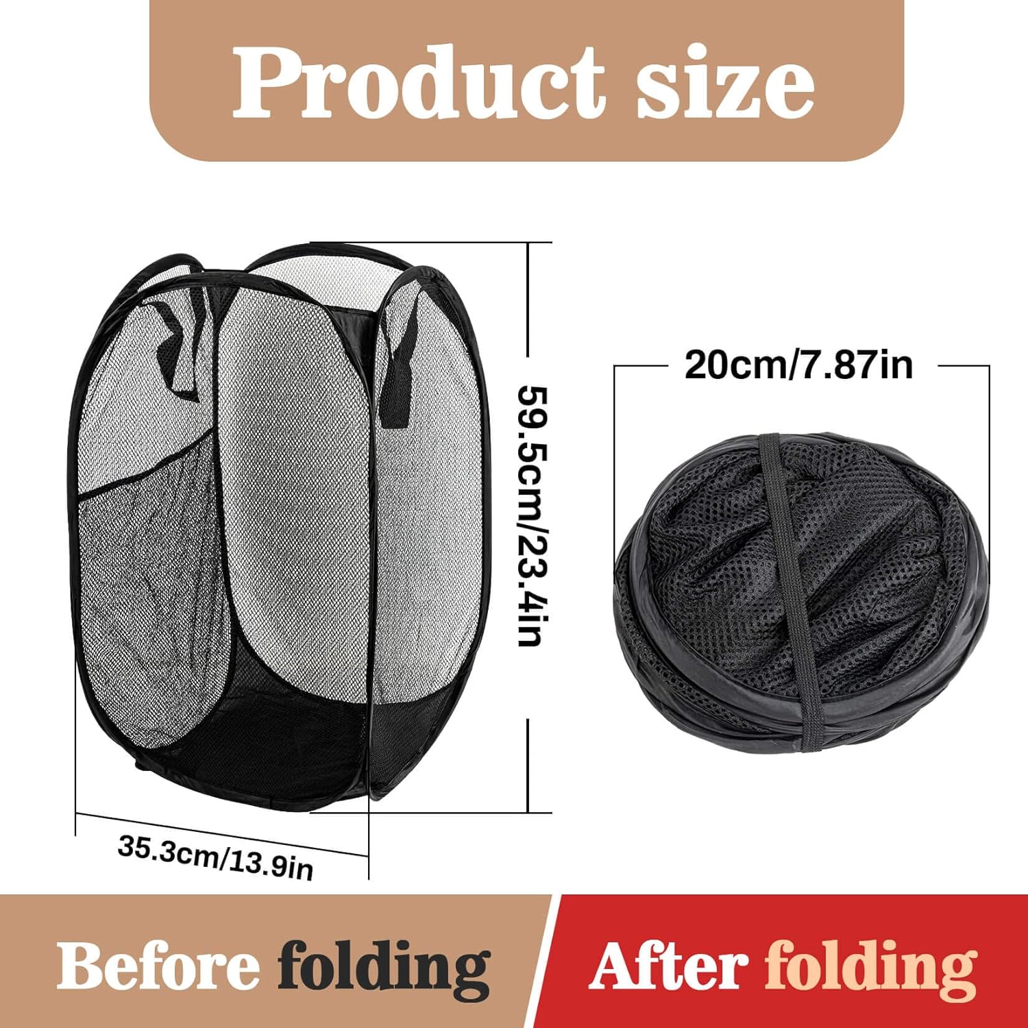 MAQIHAN Pop up Laundry Hamper - Black Dirty Mesh Laundry Basket - Foldable Collapsible Mesh Popup Laundry Hamper Portable Carrier Baskets Pop up with Handles for Travel Square Clothes Toy Storage Bin