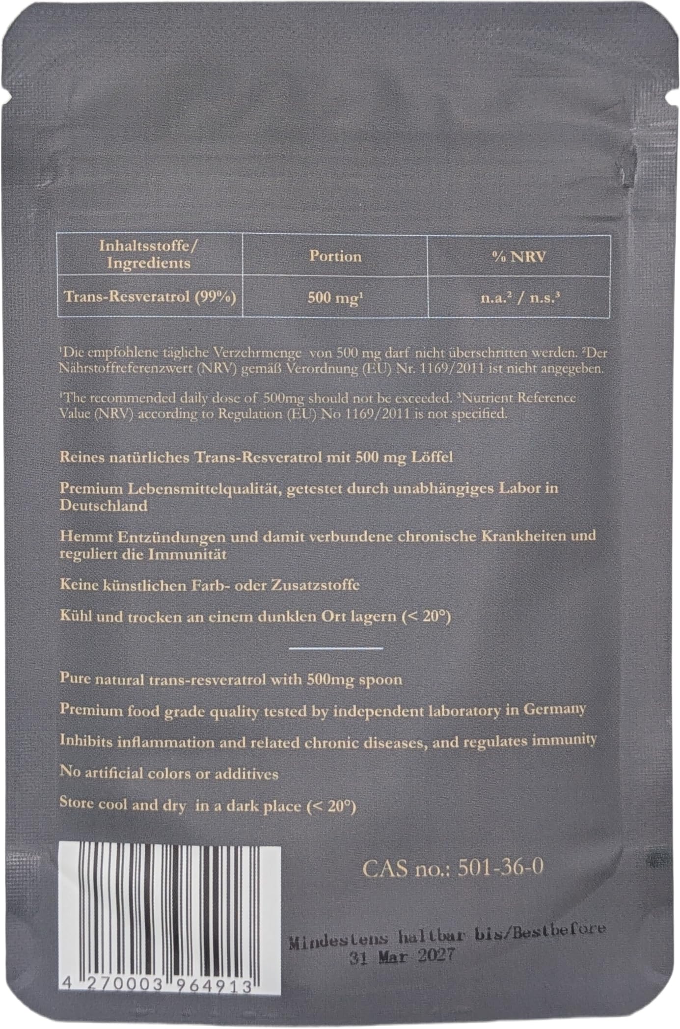 Resveratrolo | Qualità premium testata in Germania | Polvere con purezza al 99,3%