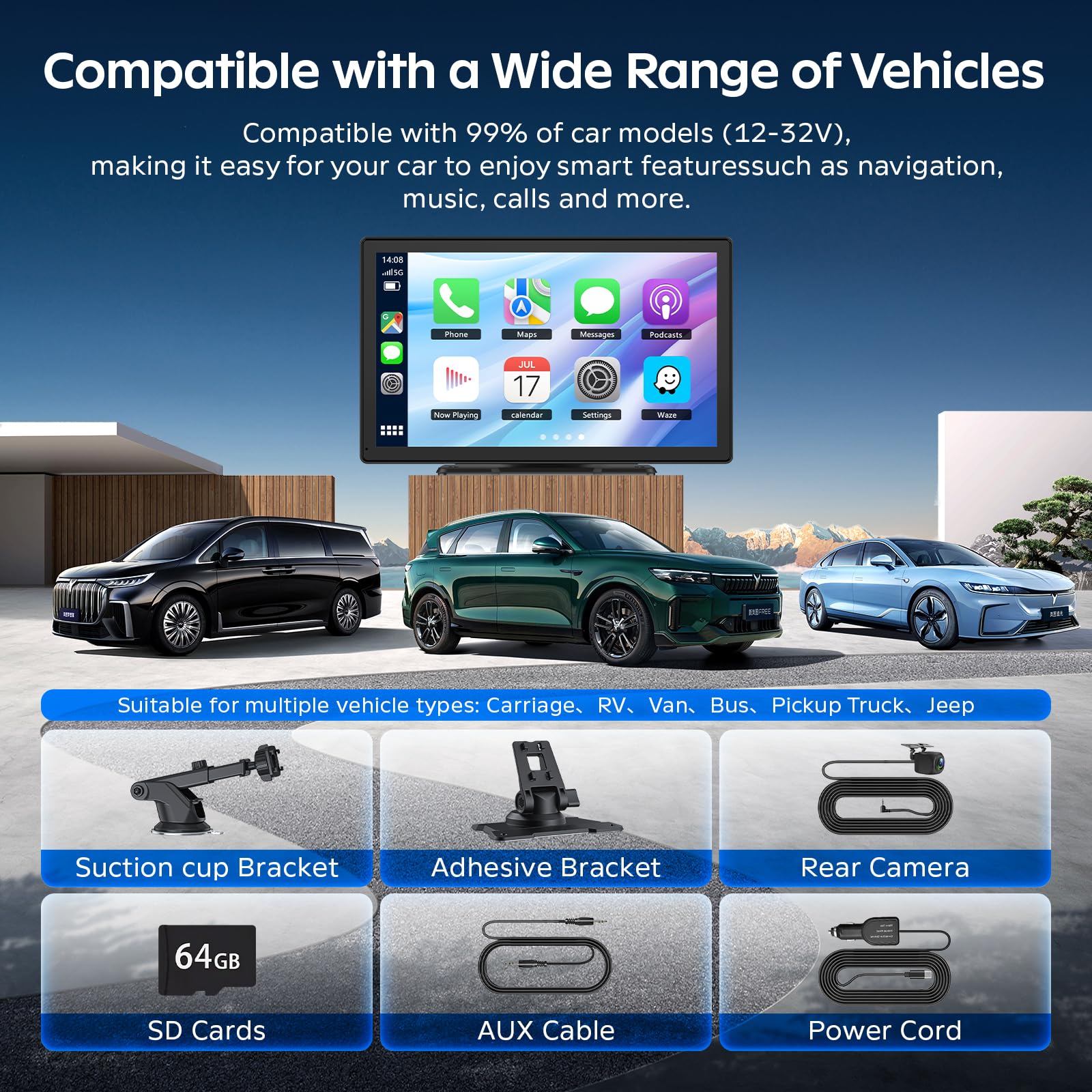 9 Ecran Carplay Voiture avec Carplay sans Fil Android Auto, Dashcam 4K, Caméra de Recul 1080P, Autoradio Portable Mirrorlink/Bluetooth/GPS/Siri/Google/AUX/FM, Adapté à Plusieurs Véhicules