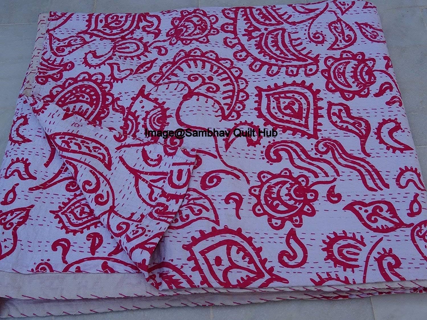 Pink Feb India Cotton Handblock Kantha Blanket Indian Handmade Quilts Cotton Hand Block Quilts Ethnic Reversible Comforter Stitched Blanket Decor (60X90 inch)