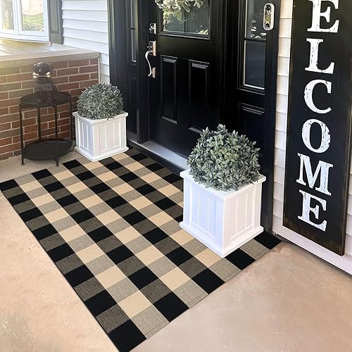 Vista 143 de KILOCOCO Alfombra de rayas beige de 2.3 x 3.6 pies para interiores y exteriores, alfombra tejida a mano de algodón lavable a rayas para puerta Rayas