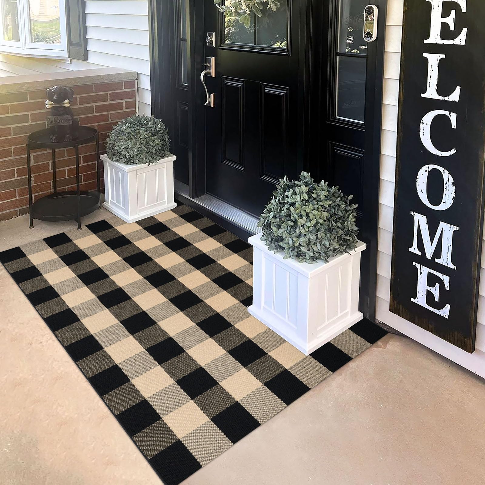 KILOCOCO Buffalo Plaid Checkered Rug - 3x5 Front Door Rug Brown and Black Indoor Cotton Washable Front Porch Layered Doormats for Kitchen/Laundry Room
