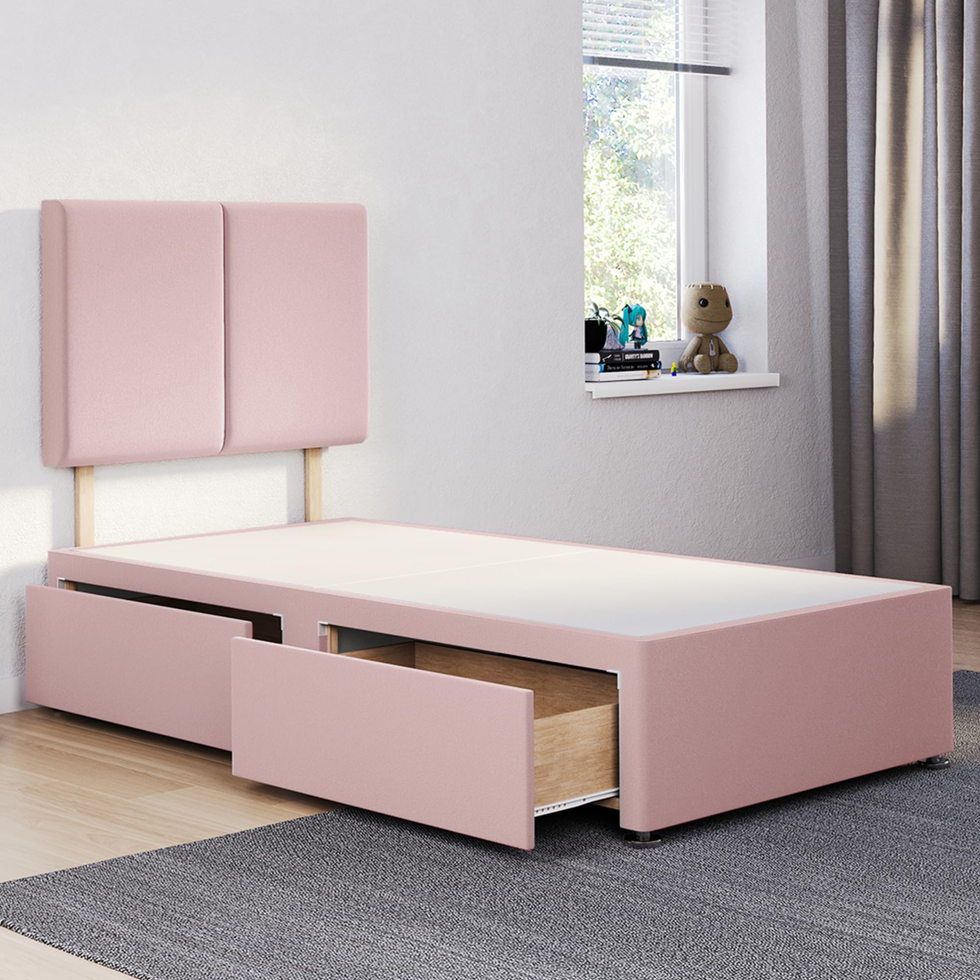 ComfoRest - Trendy 3FT Single Divan Bed with 2 Drawers & 24" Deux Headboard | Stylish Frame with Storage and a Durable Base for Contemporary Homes (Pink Plush) โ image 1