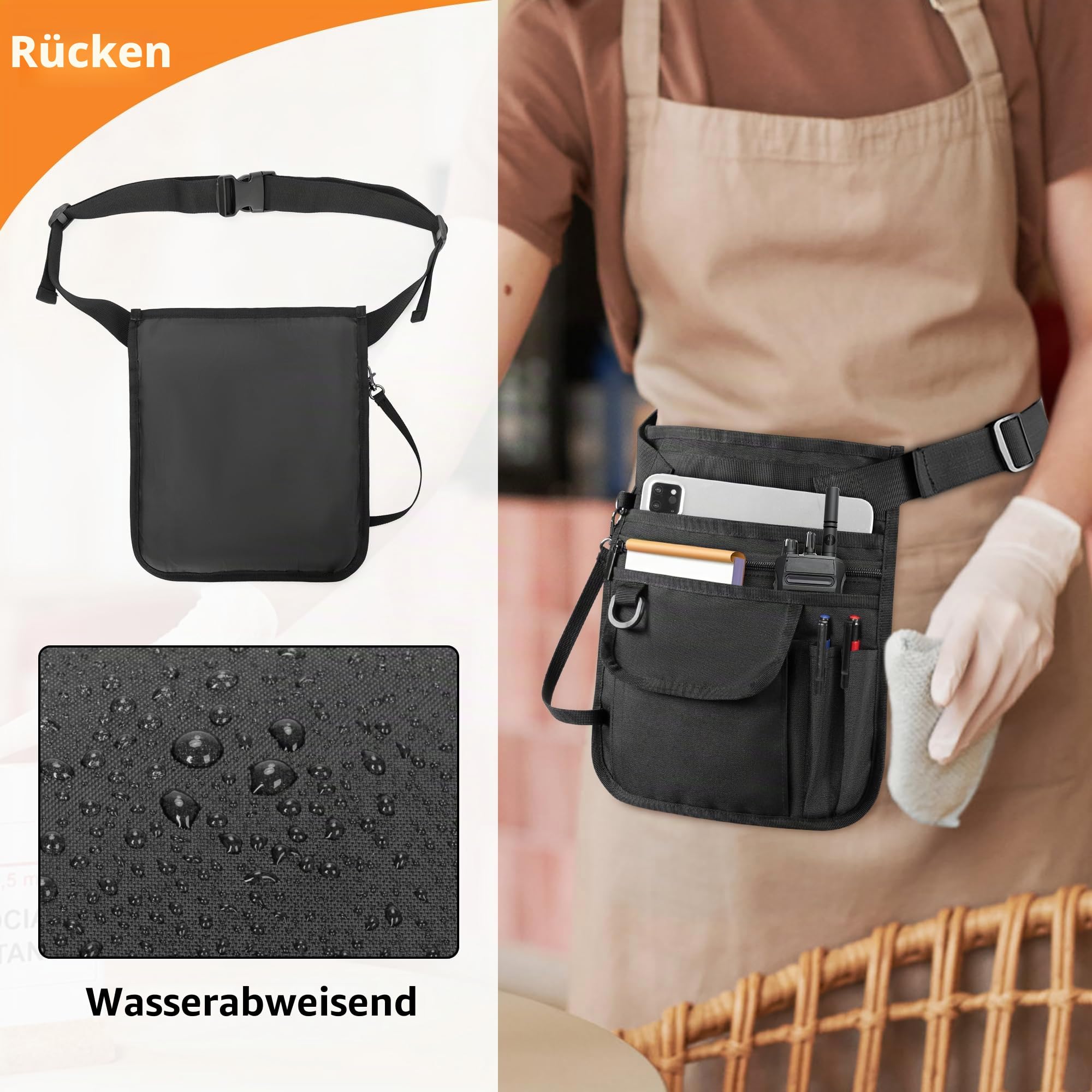 Rexmica Kellnerschürze mit Mehreren Taschen, Kellner Küchenschürze mit Verstellbarem Gürtel, Hüfttasche für Kellner, Kochschürze, Schürze für Männer und Frauen, Geeignet für Restaurant, Bistro, Café