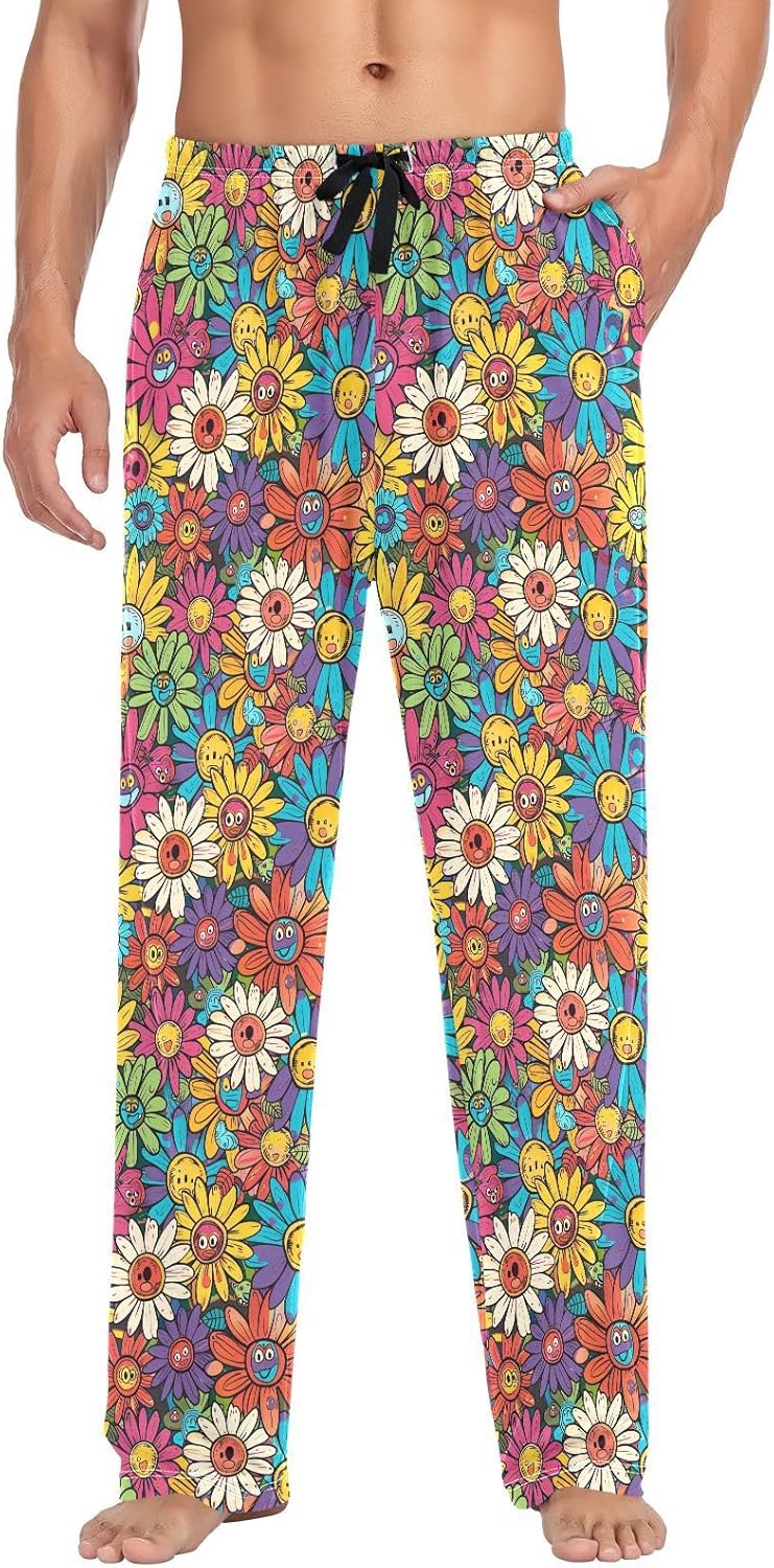 ALAZA Colorful Daisy Flower Cartoon Men's Pajama Pants Men Cotton Pajama Bottoms with Pockets, S