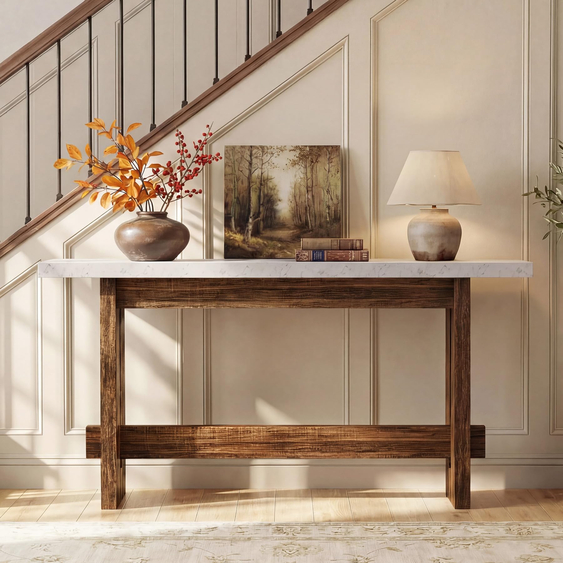 Tribesigns 160cm Legno Tavolo Consolle, Tavolo da ingresso Stile Fattoria con Piano Finto Marmo, Tavolo lungo e Stretto Dietro il Divano per Entryway, Corridoio, Soggiorno, Ingresso