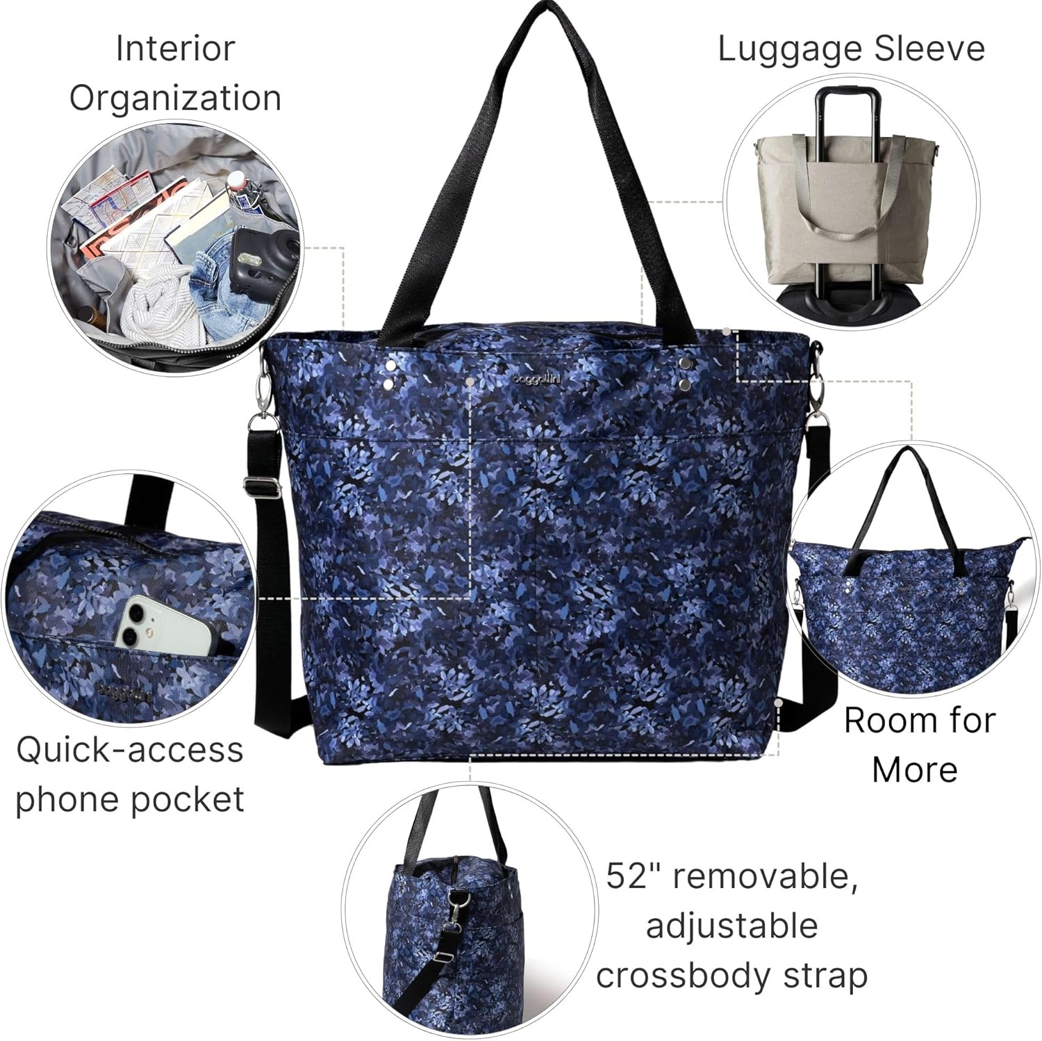 Baggallini Carryall Tote - Lightweight Nylon Zipper Top Weekender Travel Beach Bag w/Luggage Sleeve