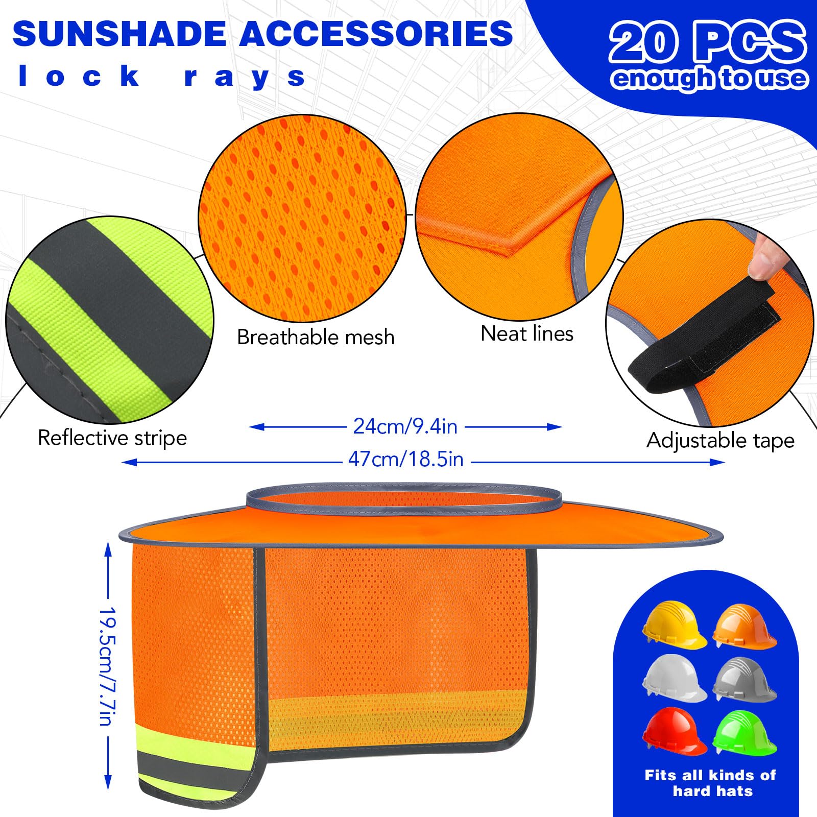 Vicenpal 20 parasoles para casco duro, visera de ala completa, visera para el cuello con tira reflectante, accesorios de casco duro, visera de casco duro de alta visibilidad para hombres y mujeres