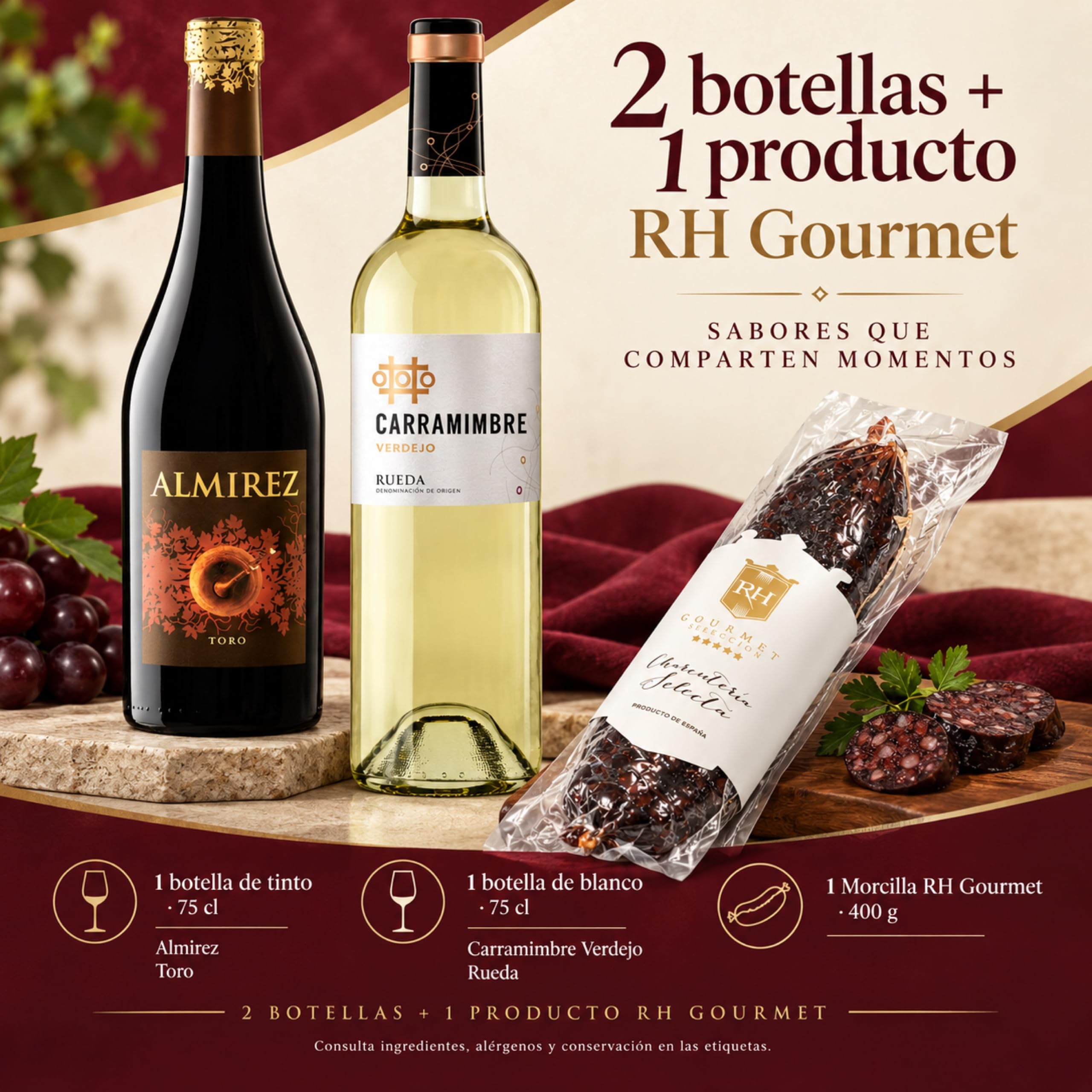 Cesta gourmet Navidad Almirez y Carramimbre Verdejo con morcilla ibérica gourmet 400 g RH Gourmet, pack de 2 botellas 75 cl