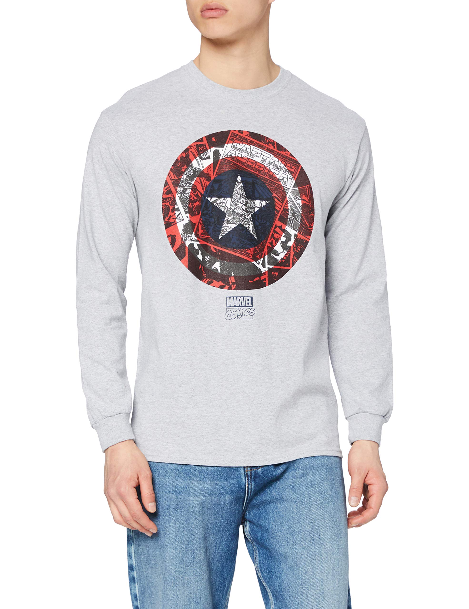 Marvel Men's Captain America Ca Comic Shield Long Sleeve Top, Sports Grey, X-Large