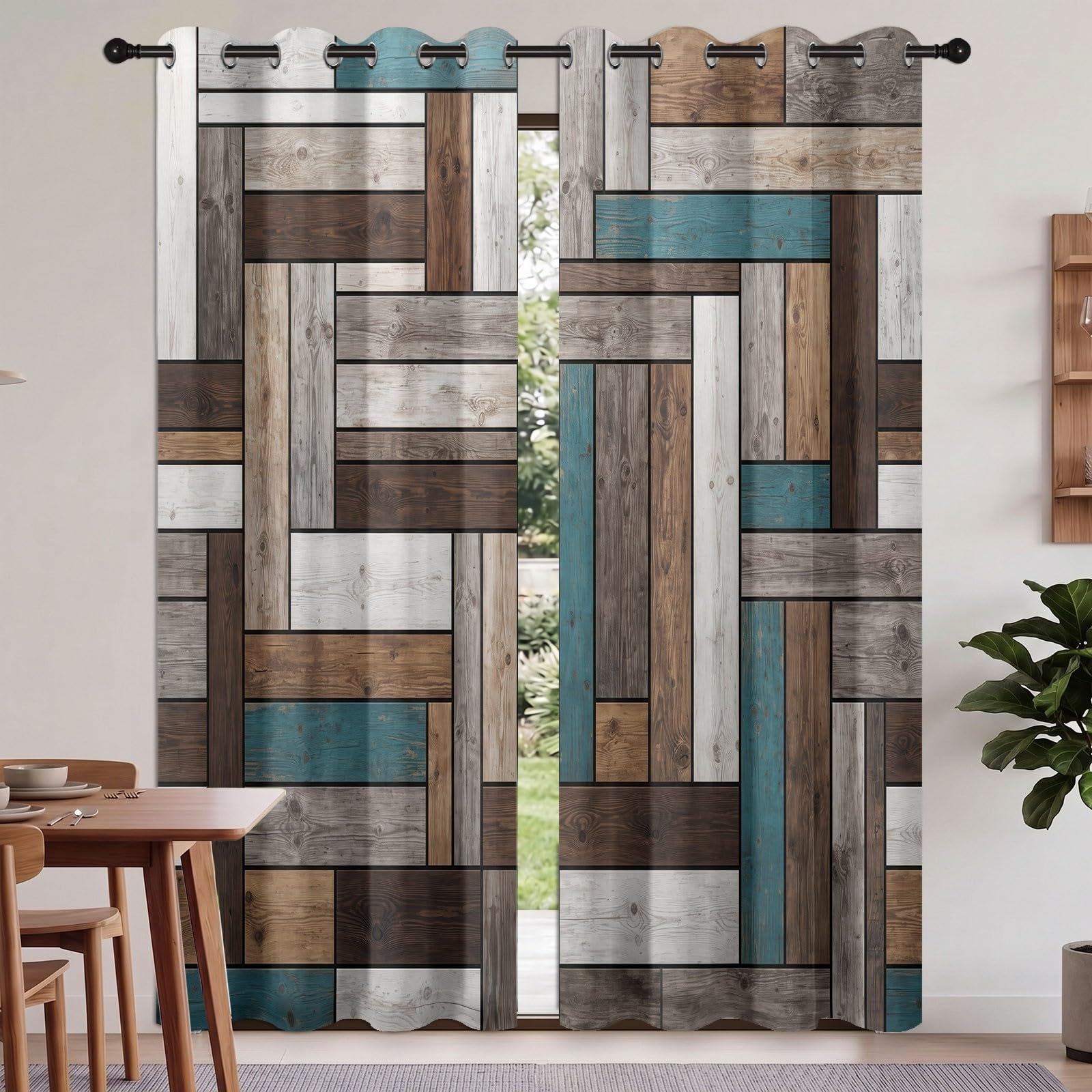Zasłony zaciemniające dla dzieci, szer. 168 cm x dł. 229 cm (2 panele), sztuka, oczka, rustykalne, naturalne drewno, patchworkowe, izolacja termiczna, zasłony okienne do przedpokoju, brązowe