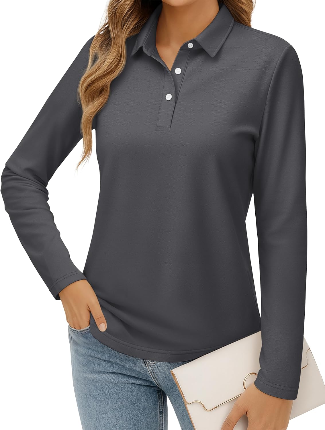 MAGCOMSEN Women's Polo Shirts Long Sleeve Cotton Collared T Shirt Golf Shirt Business Casual Tee Uniform Tops 3-Button