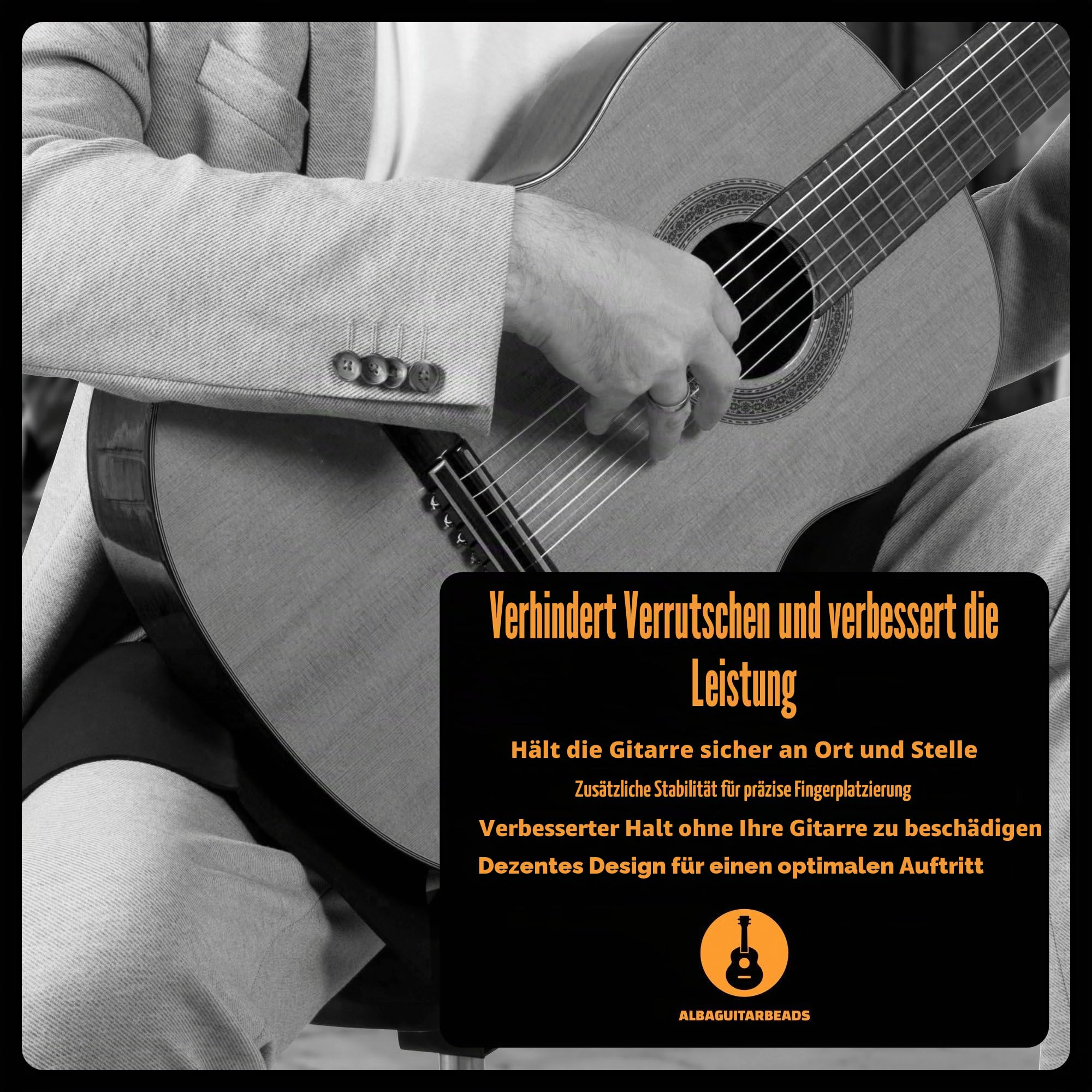 Alba GB rutschfester Neopren-Gurt für klassische Gitarre, Größe groß, schwarz, rutschfest für klassische Gitarristen und für Flamenco-Gitarristen