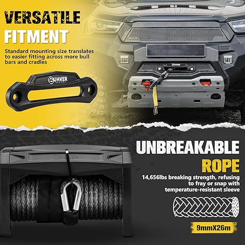 Miniatura 7 de BUNKER INDUST Cabrestante eléctrico de 6000 libras de 12 V impermeable con cuerda sintética Hawse Fairlead Kit para todoterreno UTV ATV, cabrestante