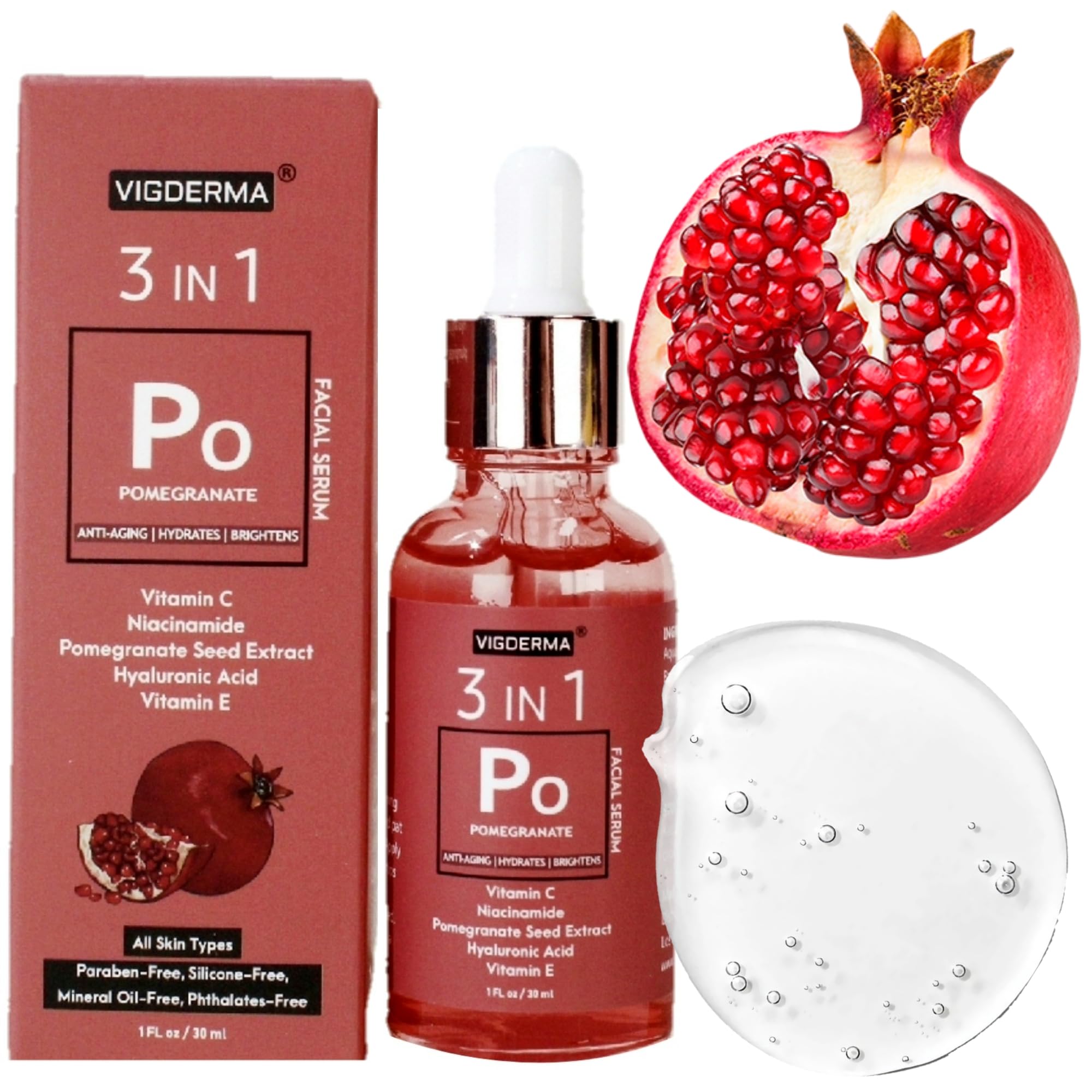 VIGDERMA Pomegranate Natural Face Serum - Antioxidant-Rich Formula with Niacinamide, Vitamin C 15% & E and Hyaluronic Acid for Anti Aging Face, Fine