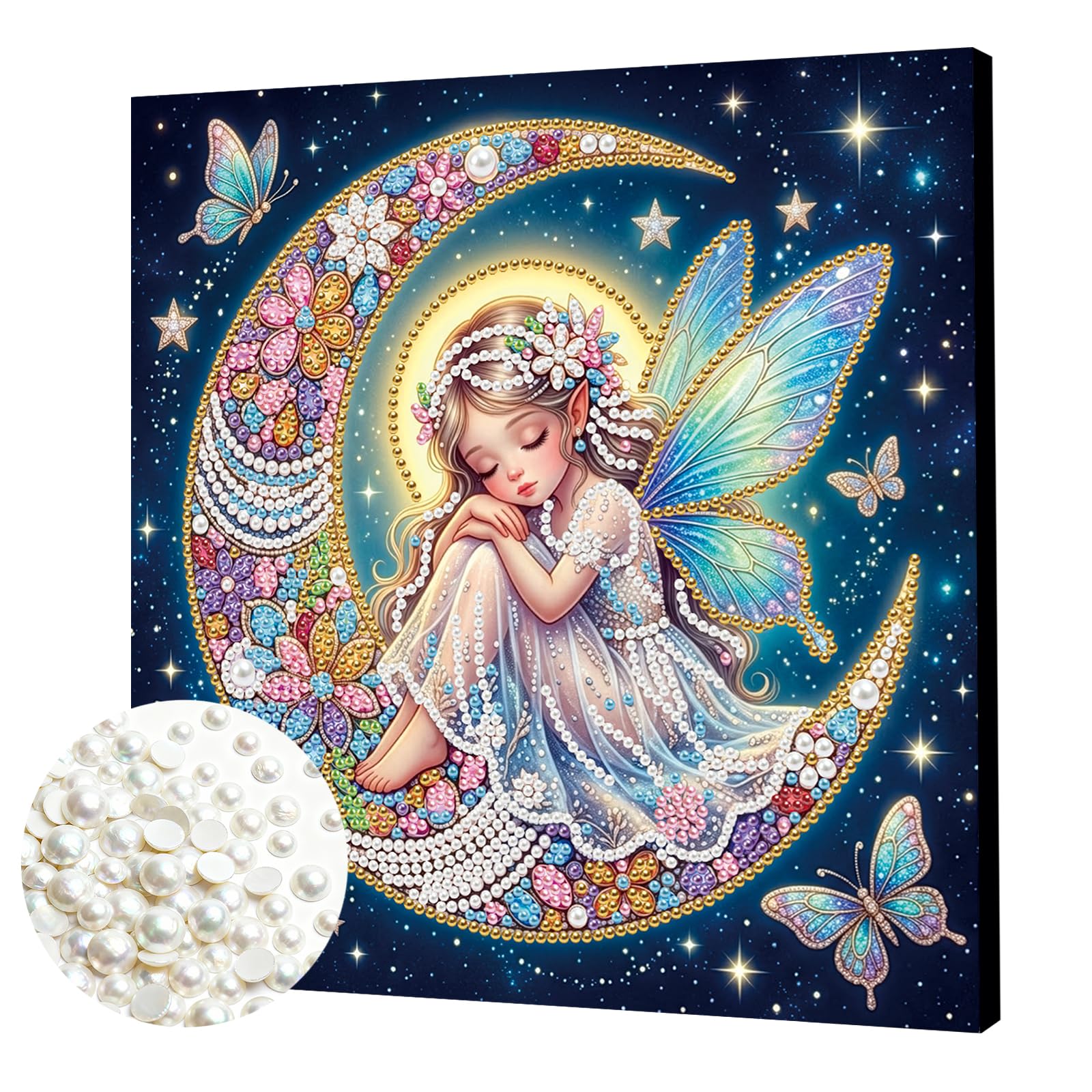 DIY Pearl Painting Kit with Wooden Frame, 3D Plastic Pearl Art Diamond Art Kits for Adults, Ready-to-Hang Home Decor, Gift for Women Beginners(Moon Butterfly Fairy)(25 * 25cm)