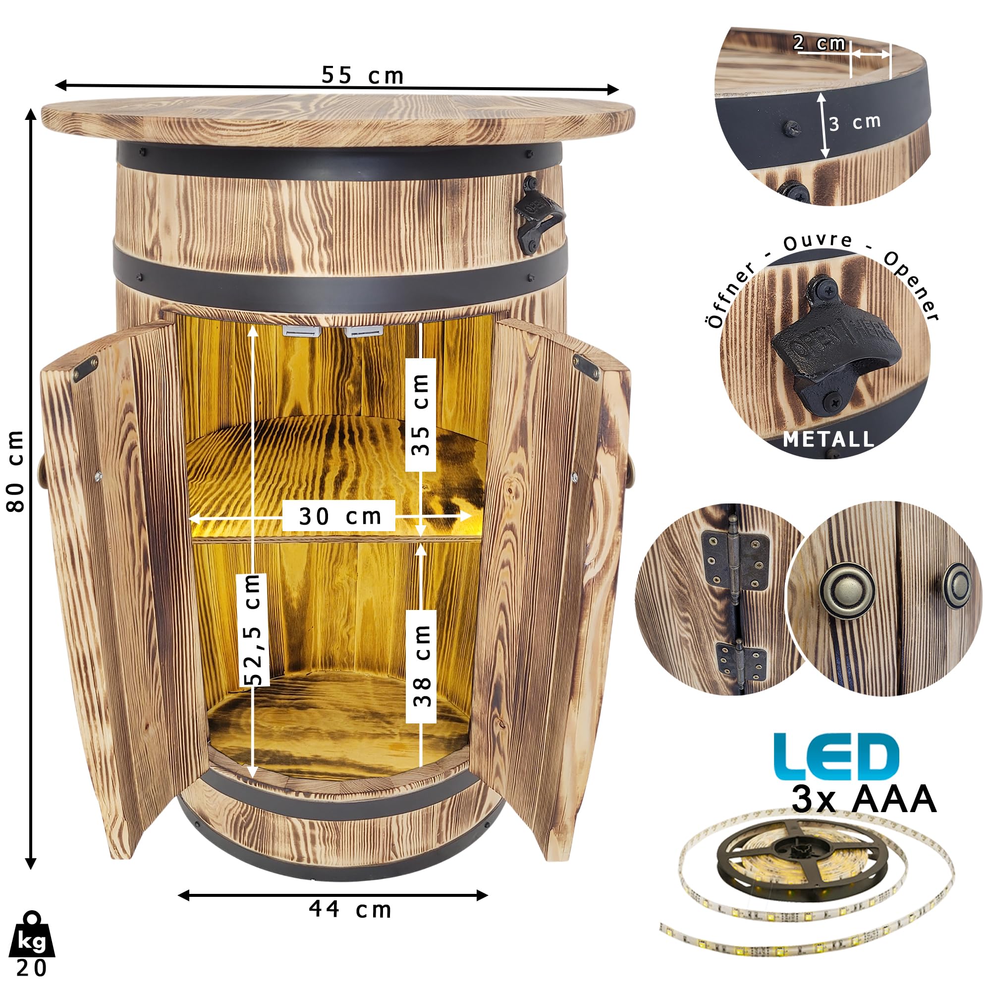 weeco Holzbarfass mit Ablage und LED-Beleuchtung für Alkohol und Gläser – rustikaler Stil, mit Türen und Flaschenöffner, handgefertigt aus Kiefernholz 80x55x40