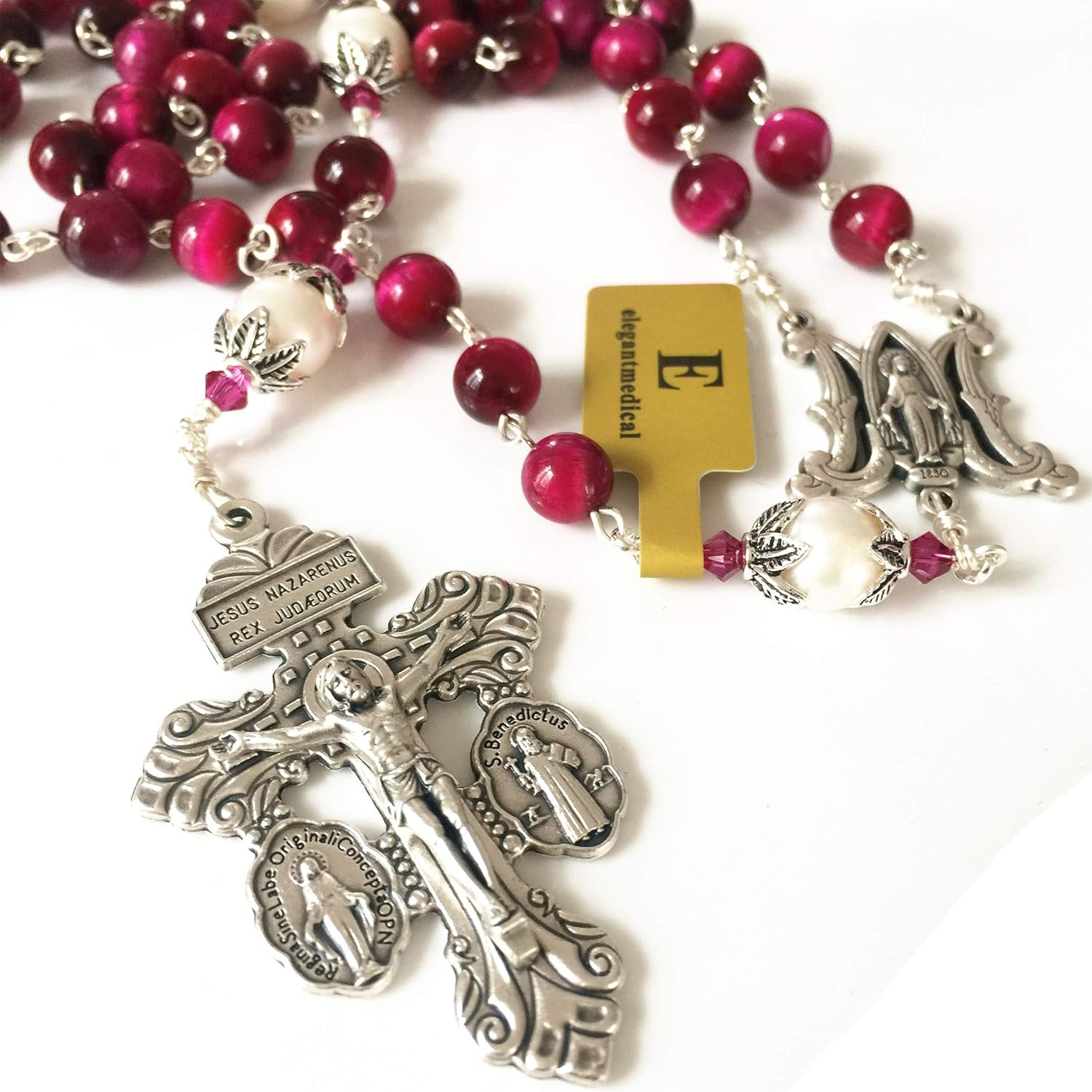 elegantmedical Handmade Red Tiger Eye Beads Sterling Silver 10mm Real Pearl Rosary Cross Necklace Catholic Gift - Image 9