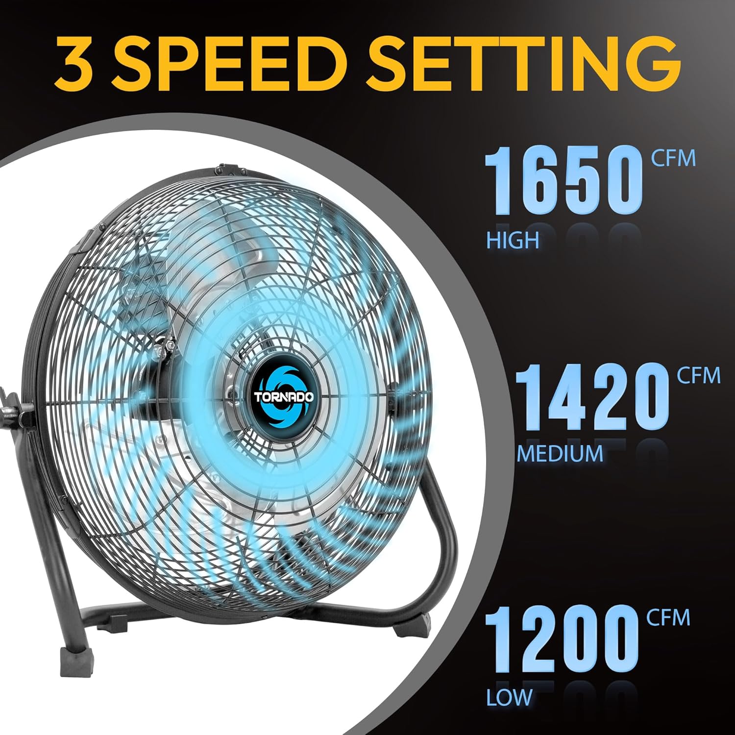 Tornado 12 Inch High Velocity Industrial Floor Fan, 3-Speed Heavy-Duty Metal Fan, 120° Tilting Head, 6.0 FT Power Cord for Workshop, Warehouse, Garage, Home Use, Black