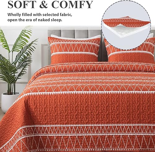 Miniatura 3 de Andency Juego de edredón naranja California King (112 x 104 pulgadas), 3 piezas (1 edredón estampado triangular a rayas y 2 fundas de almohada),