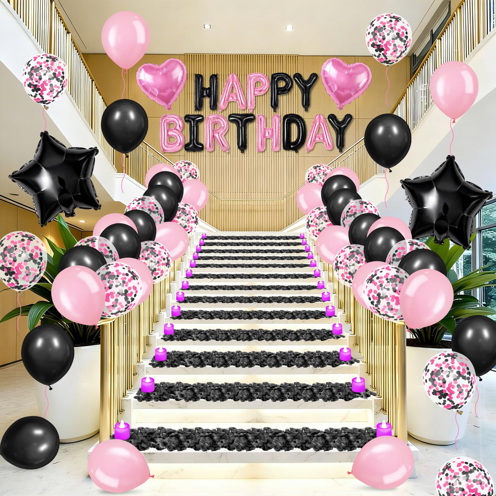 Ballons décoratifs noirs et roses « Happy Birthday » - Bannière avec lettres et étoiles et cœurs - 1 000 pétales de rose artificiels - 24 bougies LED sans flamme pour fête d'anniversaire