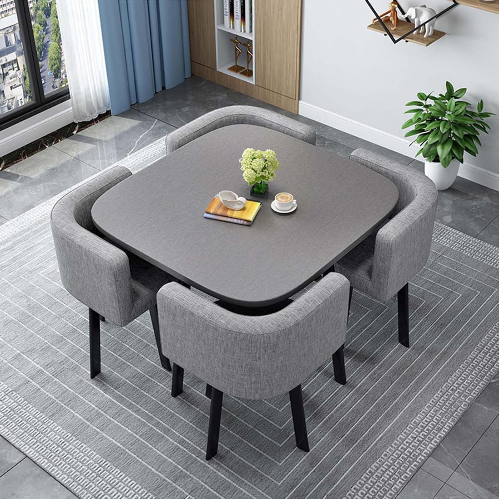 WOTZOV 5-Piece Round Conference Table Set With 4 Chairs 80Cm/31.5In Dining Table For Kitchen Space-Saving Stackable Chairs Modern Design For Living Room & Office Use,R 90cm/35.4in