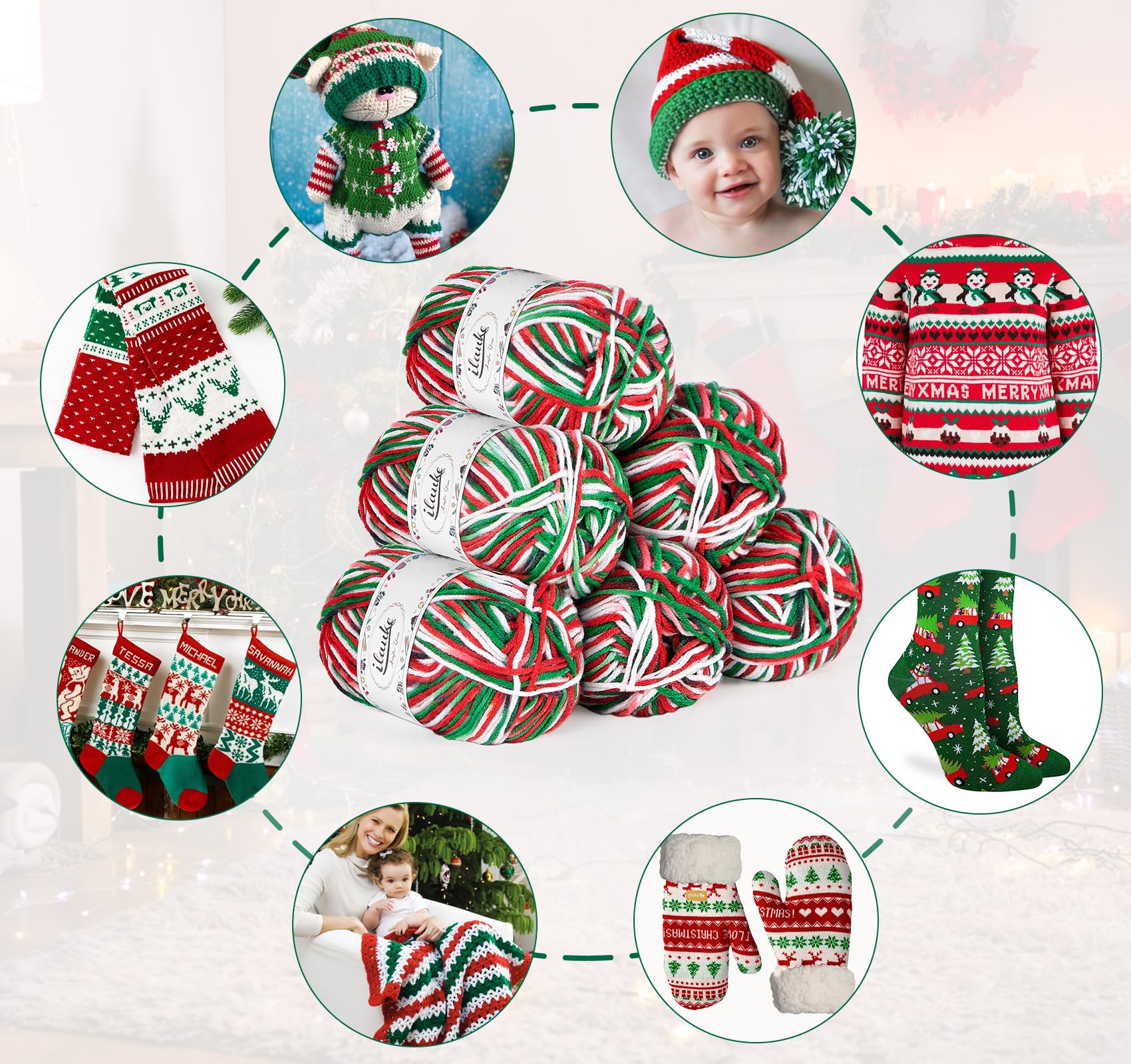 Crochet 6x50g 4-Ply Yarn With Carrying Bag - Christmas Wool Packs for Xmas Gift Dolls DIY Crafts, Blanket - Red, Green & White - Image 4