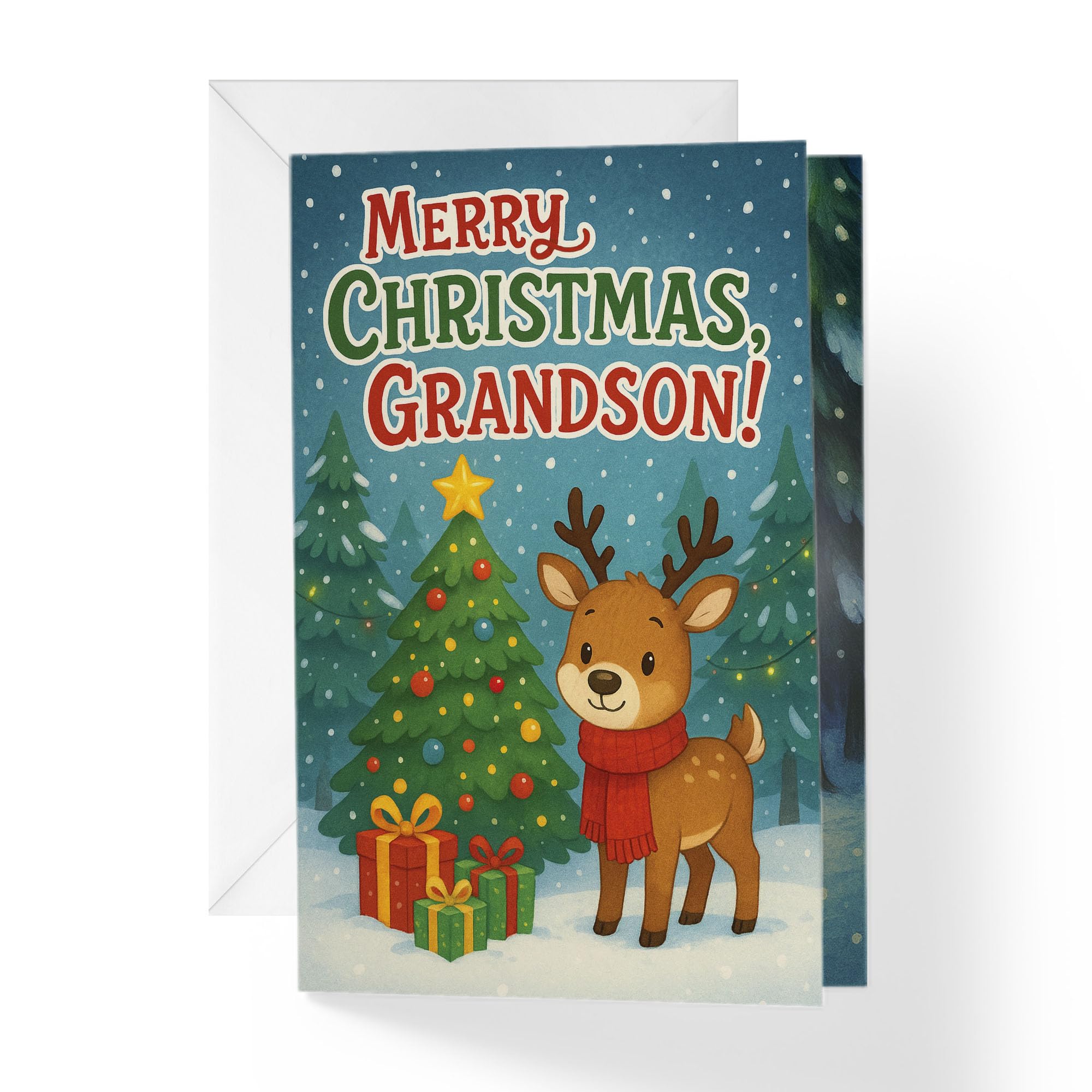 1Up Greetings Christmas Card for Grandson | Cute Reindeer Winter Wonderland| 5”x7.5 with Envelope | Made in USA