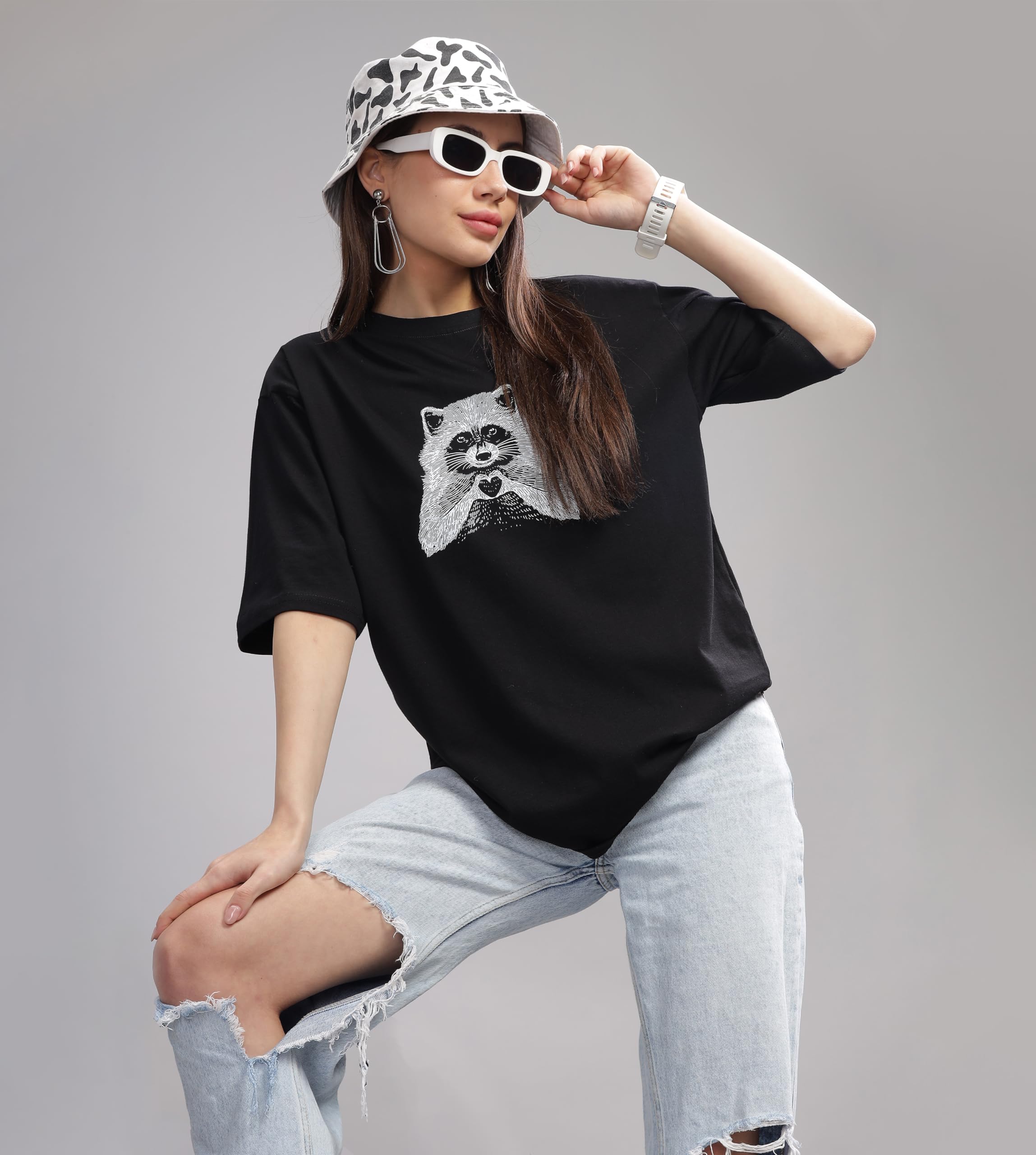 KYDA - Camiseta estampada para mujer, 100 % algodón puro, con hombros caídos y hombros caídos