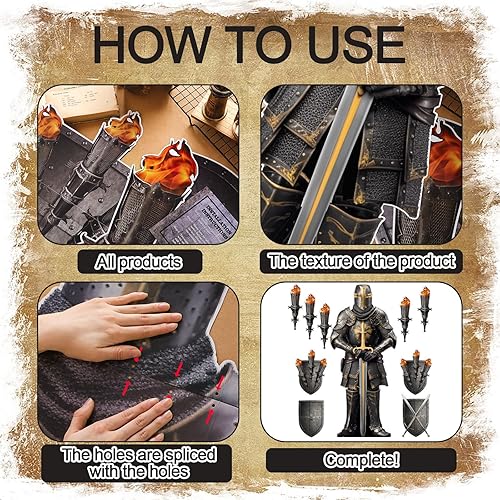 Vista 3 de Honoson Decoraciones medievales para fiestas, decoraciones de castillo, traje articulado de armadura, accesorios de antorcha recortada, escudo