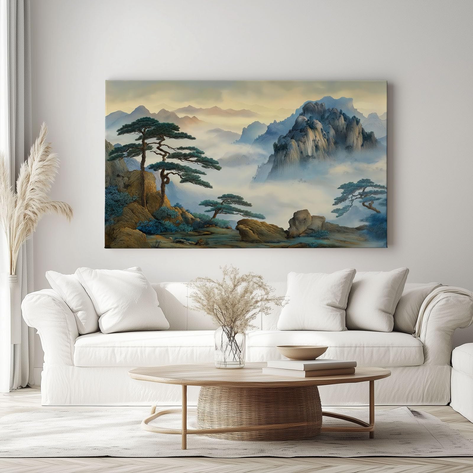 Spersonalizowane wydruki na płótnie, tradycyjny, chiński styl, 120 x 80 cm, góry, mgiełka, sosny, dekoracja ścienna, oprawione płótno fotograficzne, do salonu, sypialni, łazienki, nadruk, prezenty na