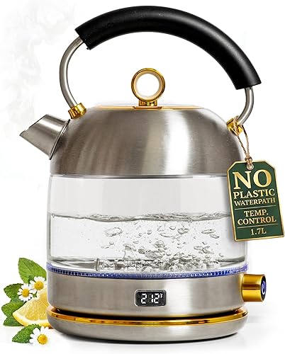 Hervidor eléctrico de vidrio, sin plástico, acero inoxidable, apagado automático y función de mantener el calor, tetera negra y dorada con control