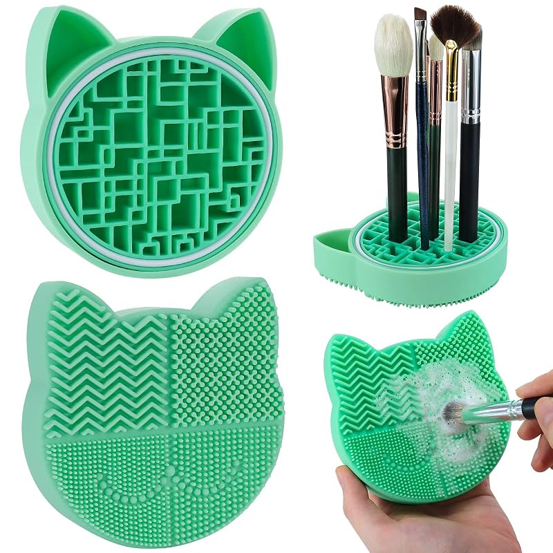 Mygeromon Tapete de Silicone para Limpeza de Pincéis de Maquiagem com Suporte para Secagem Verde