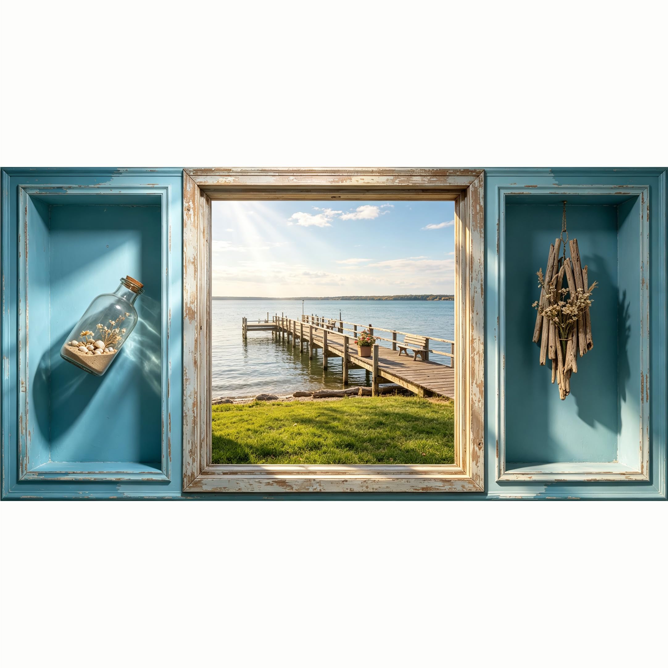 QZLITHOTIC 50x100cm 3D Framed Wall Art， Coastal Lake Pier Window View Self‑Adhesive Mural， Water‑Activated Peel & Stick Fabric Decor Wall Decal for Bedroom Living Room