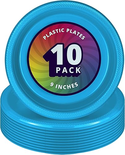 DecorRack 10 platos de plástico grandes, platos de plástico de colores resistentes de 9 pulgadas, artículos desechables para fiestas de cumpleaños